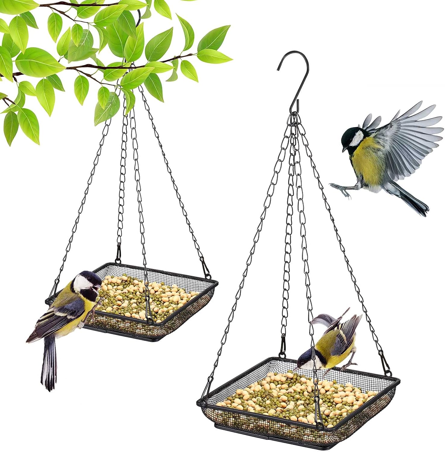 2 Pieces Hanging Bird Feeder Tray Platform Metal Mesh Seed Tray Bird