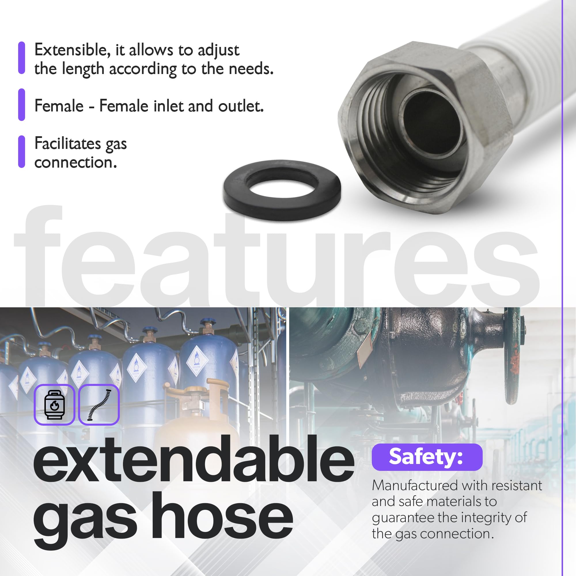 DOJA Barcelona | Latiguillos Extensible Gas | H-H | 1/2 | 500-850mm | Pack 1 | Latiguillo Gas Natural, Latiguillo de Gas Butano/Propano para Estufa, calentador de Agua, Secador