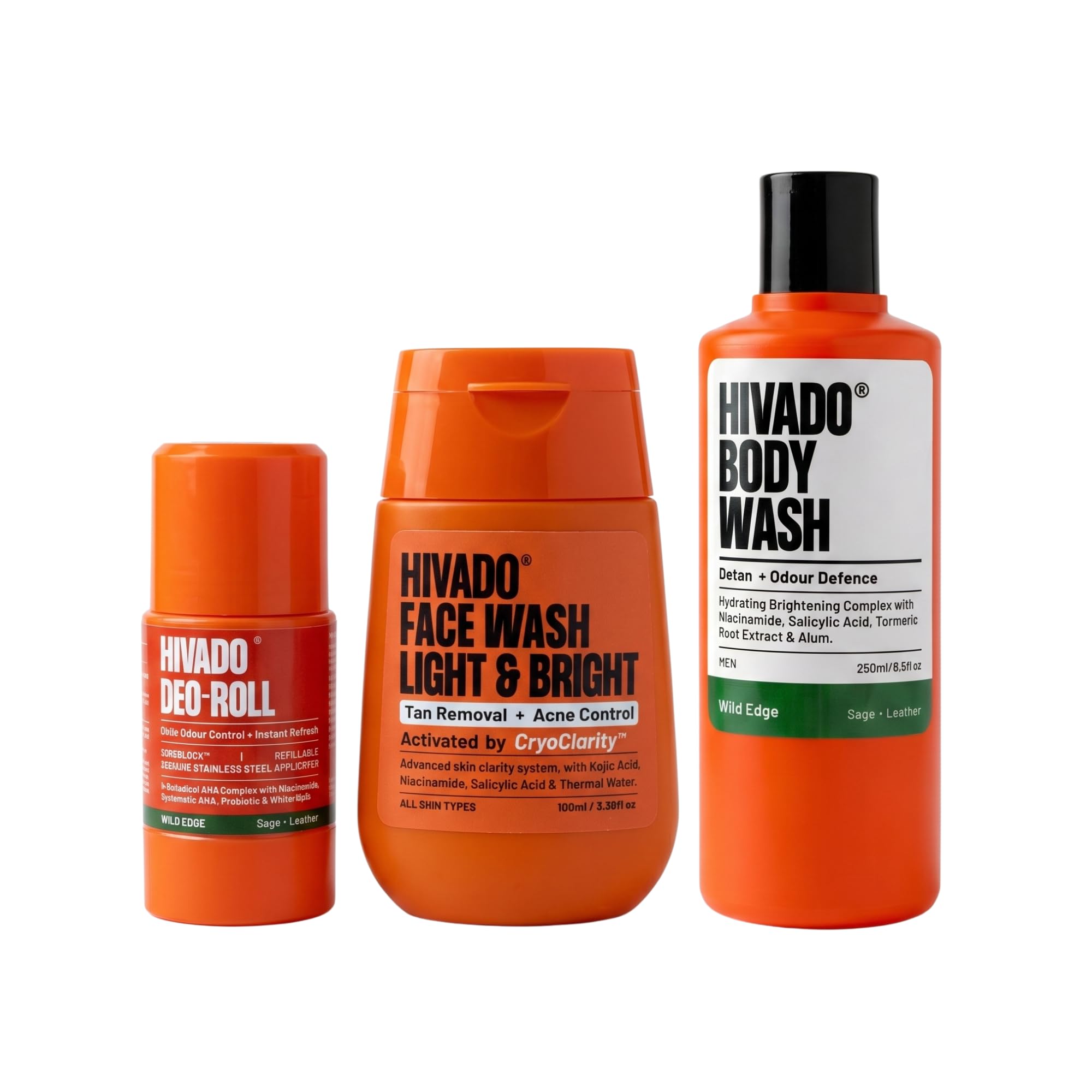 HIVADO Men’s Grooming Combo – De-Tan Body Wash 250ml + Kojic Acid Face Wash 100ml + Refillable Roll-On Deodorant 40ml | Anti Tan, Oil Control, Odour Protection & Skin Brightening Kit-image-23