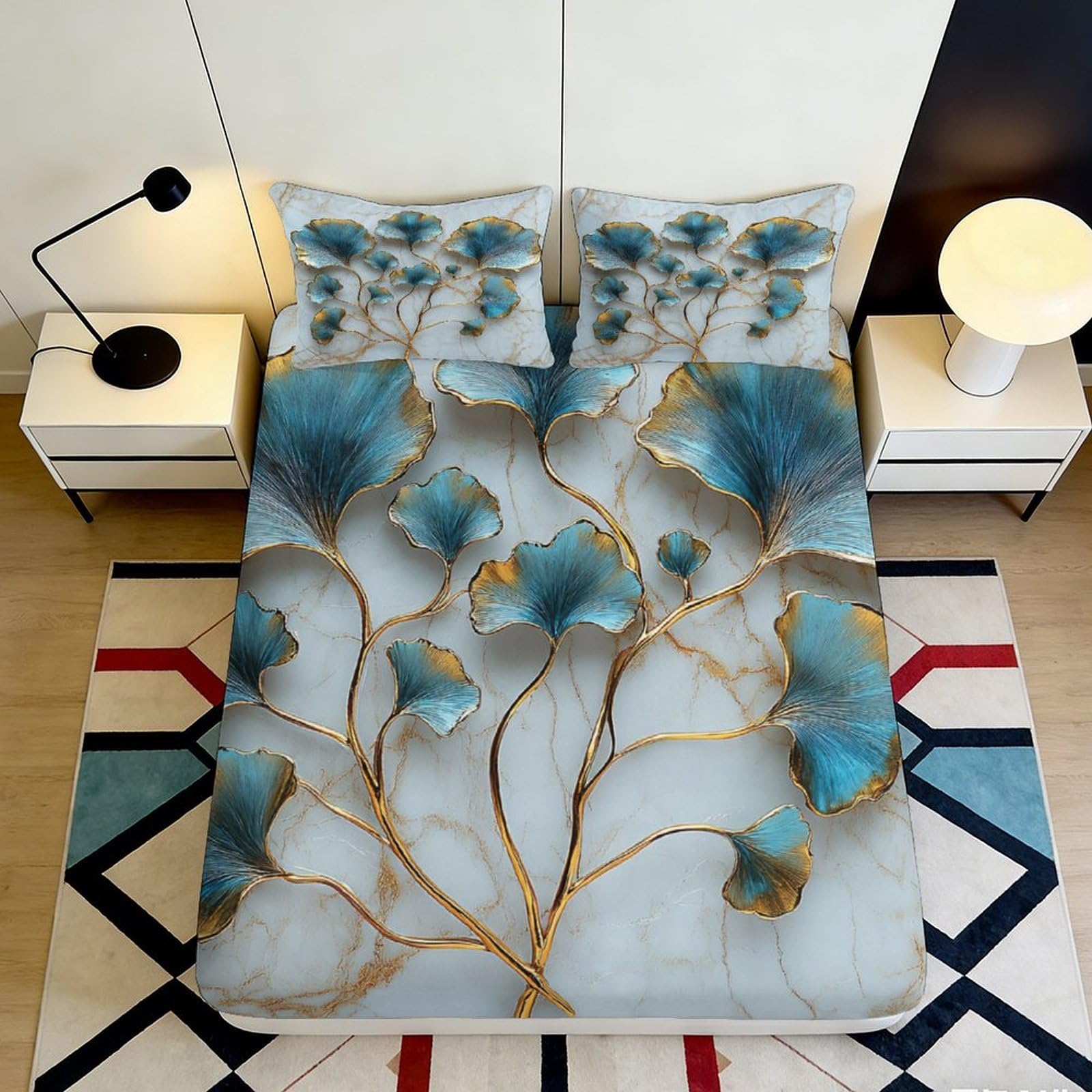 3D Printed Blue Ginkgo Leaf Fitted Sheet Microfiber Artistic Gold Branch Mattress Cover for Bedroom Guestroom Decor 90x200x25cm