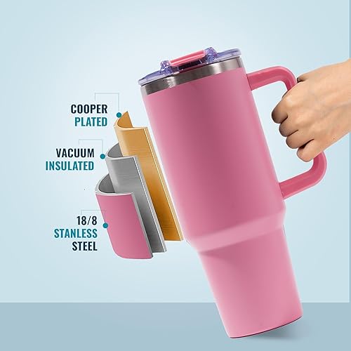 Miniatura 5 de LEHA - Vaso de 40 onzas con asa y popote de metal, aislado al vacío con tapa Stronghold, hecho de acero inoxidable, mantiene las bebidas frías