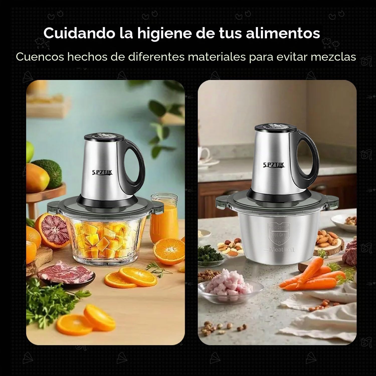 SPZTJK Procesador eléctrico de alimentos de 3 velocidades: picadora de carne, picadora de verduras y fabricante de alimentos para bebés, 300 W, 2 cuencos (8 tazas de acero inoxidable + 8 tazas de