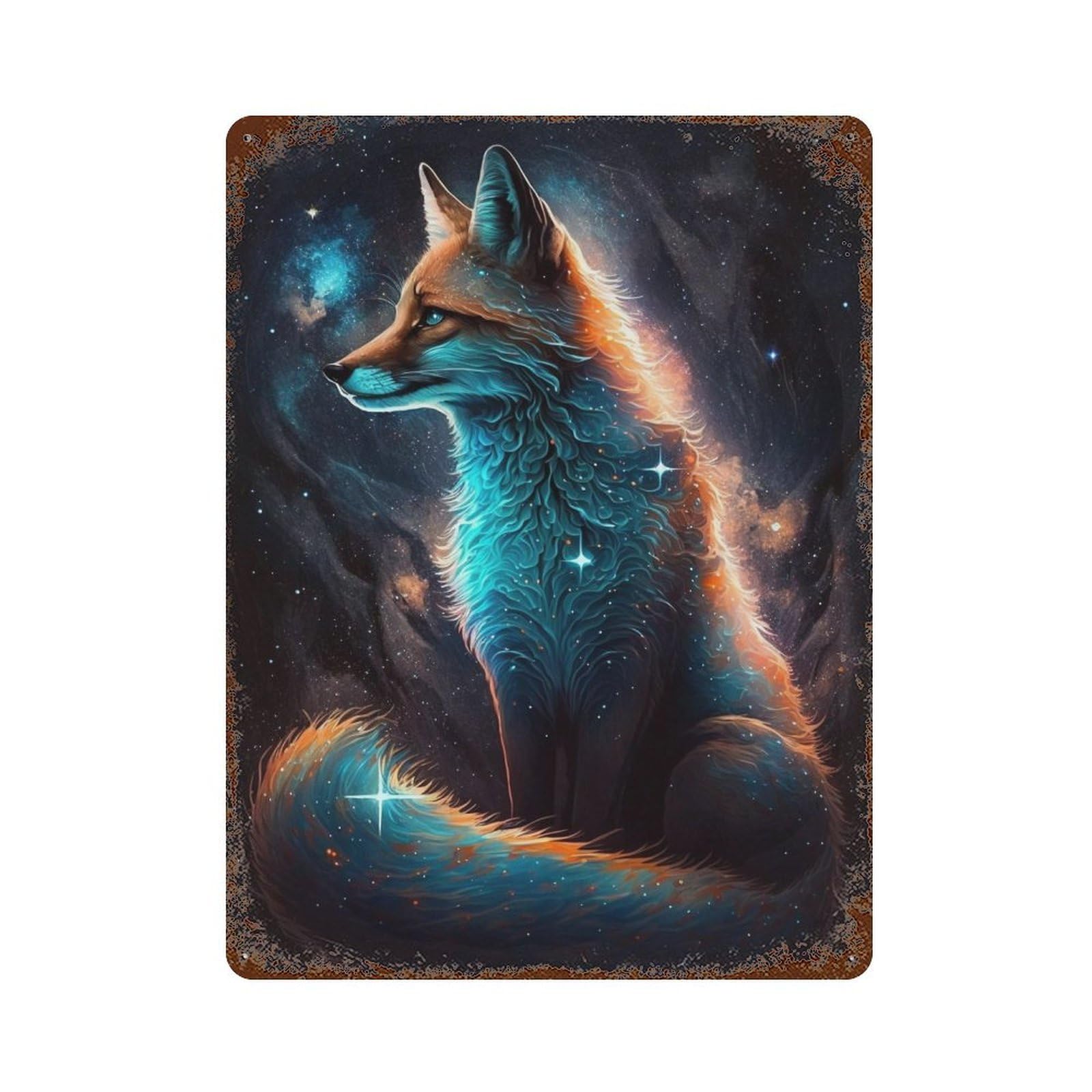 Garage Style Cosmic Fox Art Print-8 Distressed Metal Wall Sign 15.7"x11.8", Rustic Home Decor for Bar And Workshop