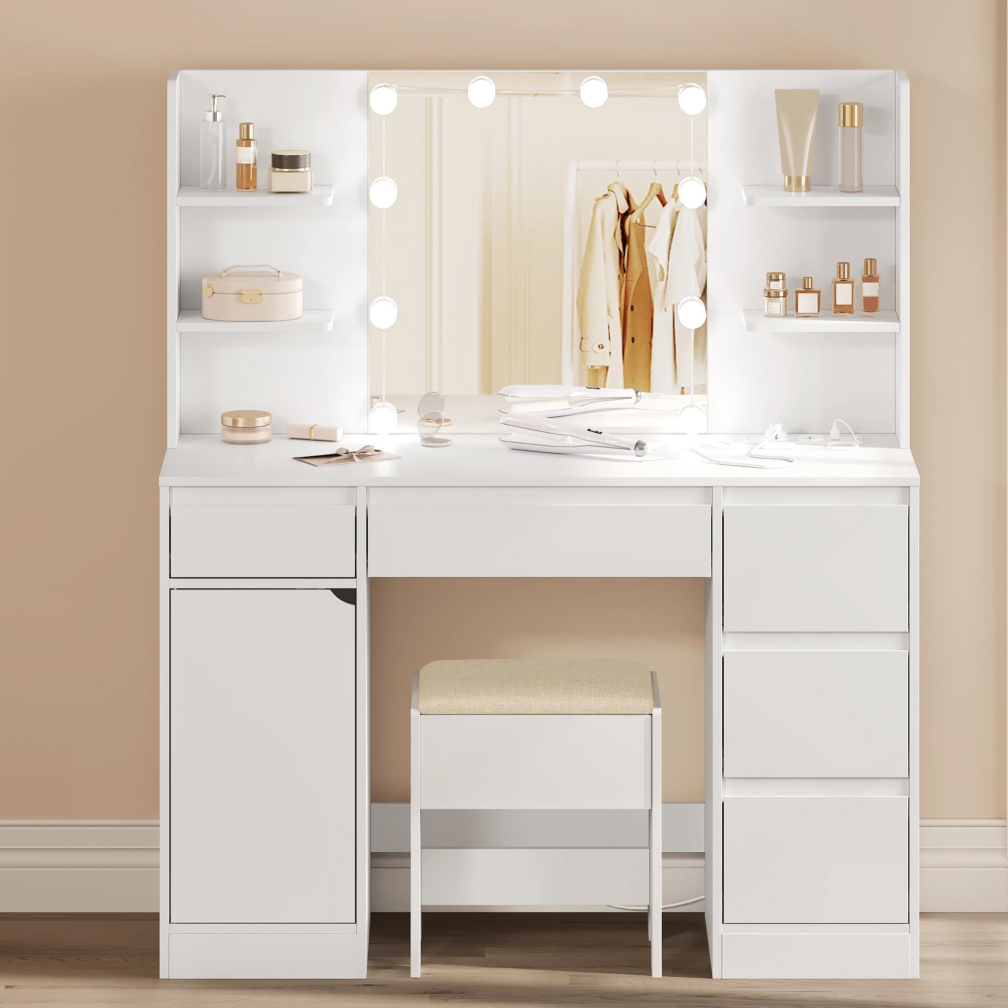 WOLTU Toeletta Trucco con Luci LED Regolabili, Tavolo da Trucco Moderno Bianco con Sgabello, Specchio Illuminato, 5 Cassetti e Ripiani, Postazione Make-Up per Camera da Letto