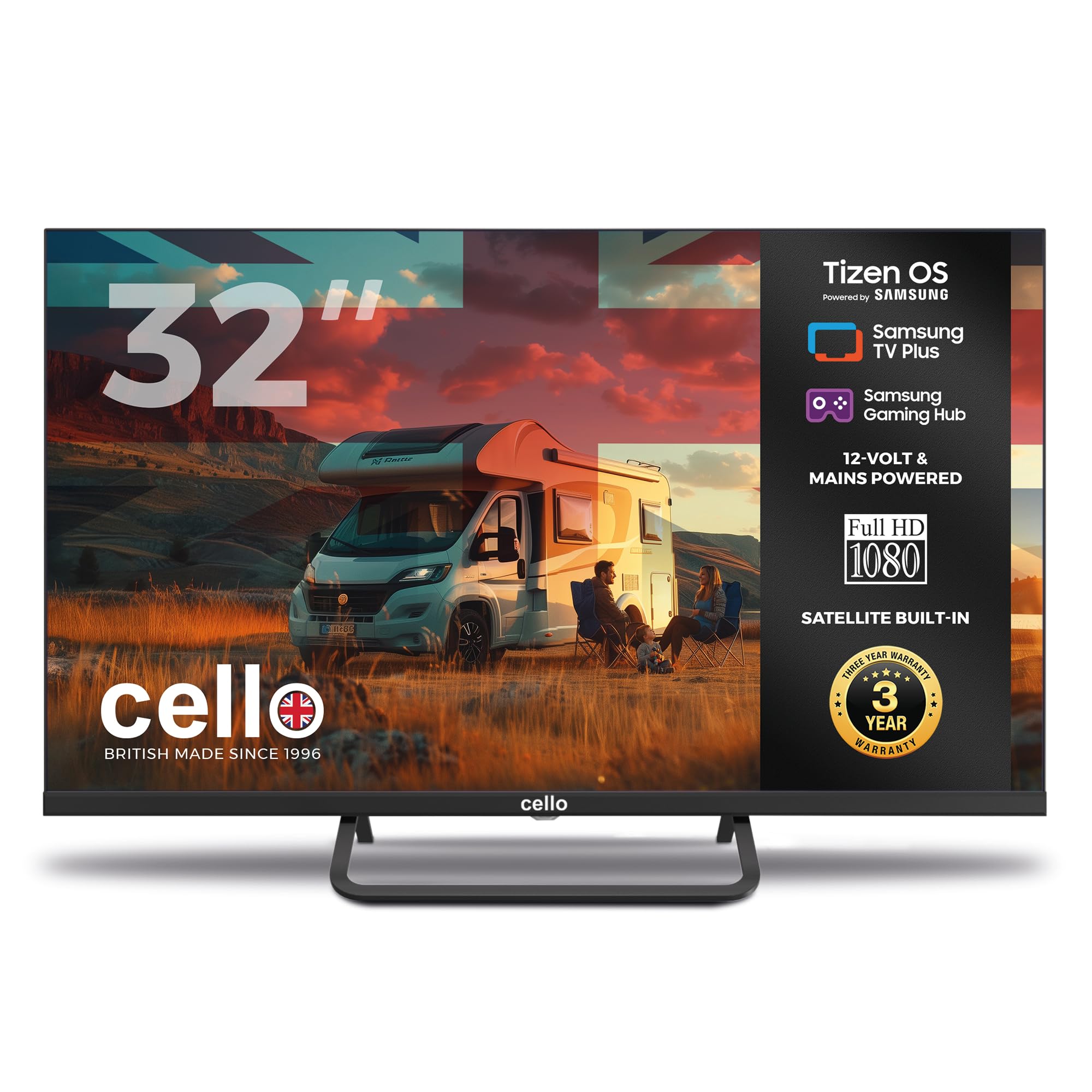 Cello CTRAV-32TZ 32" Tizen OS Smart LED TV, 240V, By Samsung, Freeview & FreeSat, Gaming Hub, Pitch Perfect Speakers, Netflix, Prime Video, HDMI, Bluetooth, UK Made
