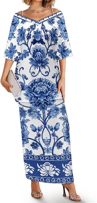 Women Polynesian Samoa Dress Clothing V Neck Two Piece Set Off Shoulder Long Dress Top Skirts Outfits M-5XL