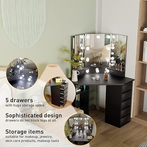 Miniatura 5 de Likein Tocador de maquillaje con estación de carga, tocador blanco de 36 pulgadas con espejo iluminado, escritorio de tocador con espejo y luces,