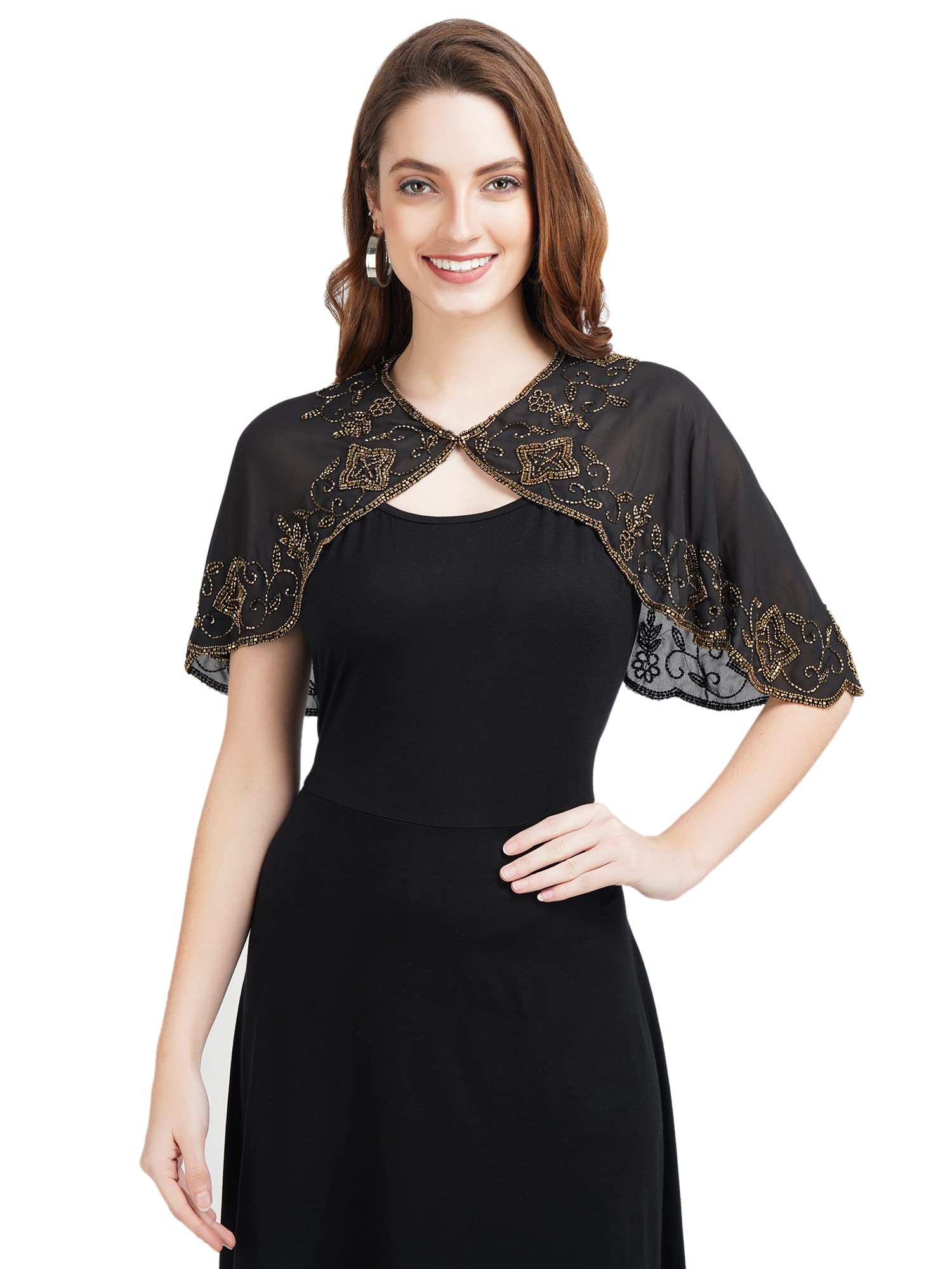 aol Women's Golden Beads Star Embroidered Georgette Ponchos-picture-53