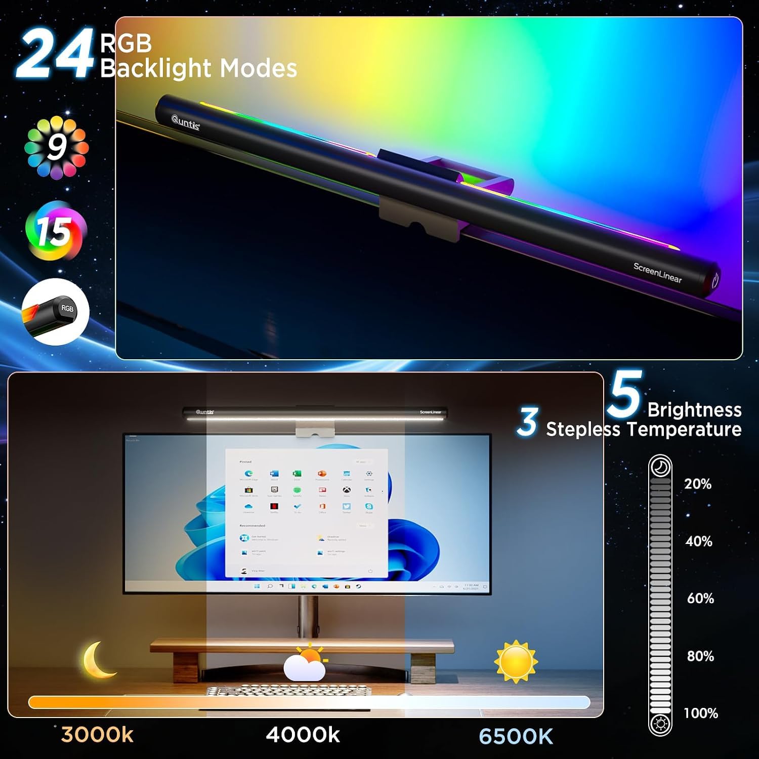 Quntis LED Lampe Ecran PC Lampe de Bureau USB d'ordinateur 40CM RGB Light Bar Monitor Computer, Lumière Ambiante Réglable 15 Couleurs d' Eclairage, Barre Lumineuse pour Gaming Lecture Office