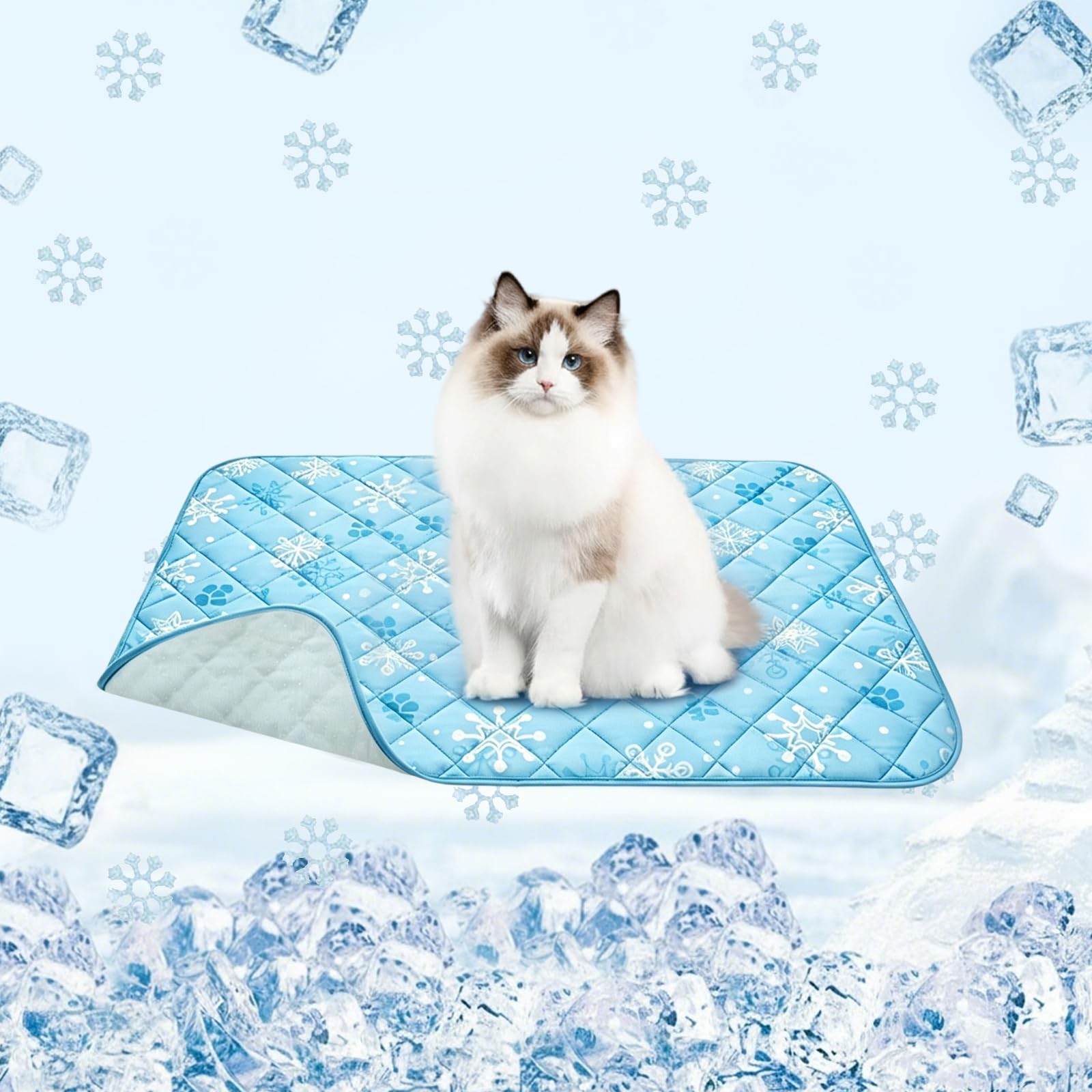 MKEOIEAU Cooling Mat for Dogs Cats, Pet Cooling Summer Pad with Anti-Slip Bottom, Washable Self Cooling Ice Silk Bed for Outdoor Indoor Kennels Crates Car Seats (Blue - Snowflake, 27.6'' * 19.7'')