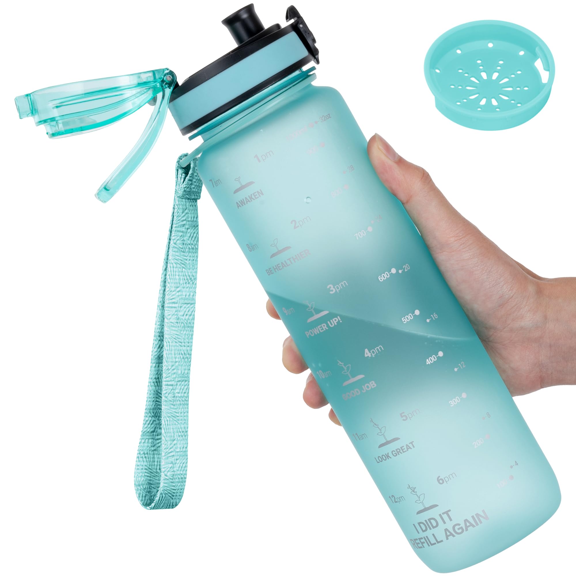 GOPPUS 1L/32oz Tritan Water Bottle (No Straw)-Soft Matte Finish Drink Bottle with Measurements Bottles with Lockable Flip Top Motivational Bottles with Time Marks for Adults BPA Free (Green)