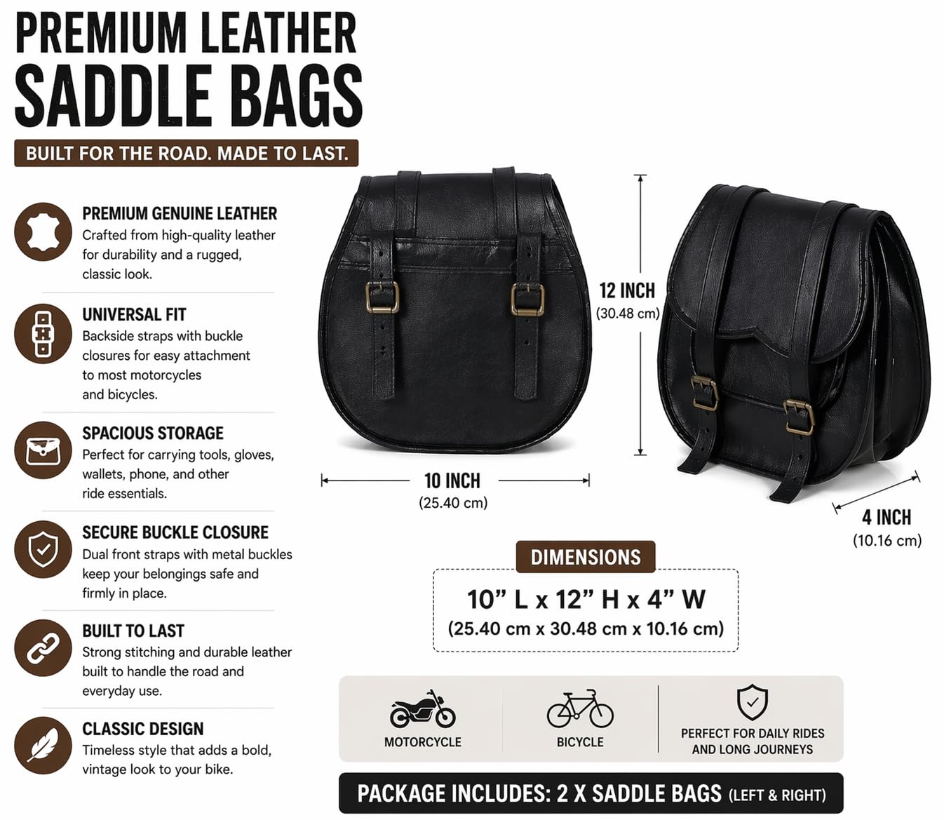 American Blue Borse da sella per moto, tasca laterale per bicicletta, borsa per attrezzi in pelle (2 tasche) (nero)