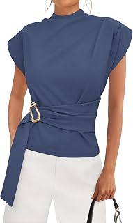 PRETTYGARDEN Women Blouses Spring Dressy Cap Sleeve Mock Neck Work Shirts Buckle Tunic Summer Business Casual Tops 2026