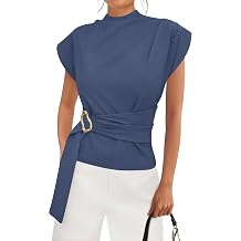 PRETTYGARDEN Women Blouses Spring Dressy Cap Sleeve Mock Neck Work Shirts Buckle Tunic Summer Business Casual Tops 2026