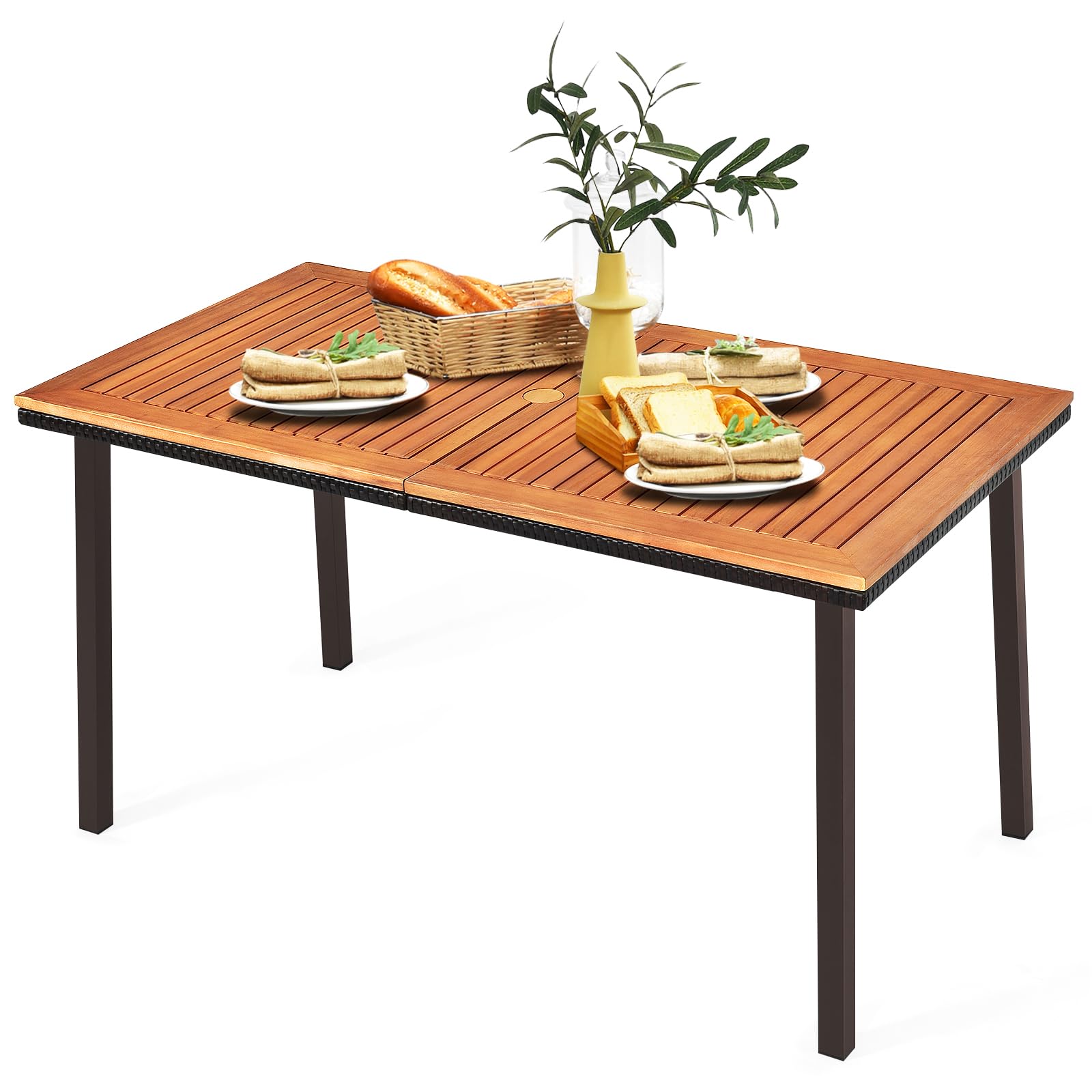 LIFEZEAL Table à Manger en Bois d'Acacia avec Trou de Parasol