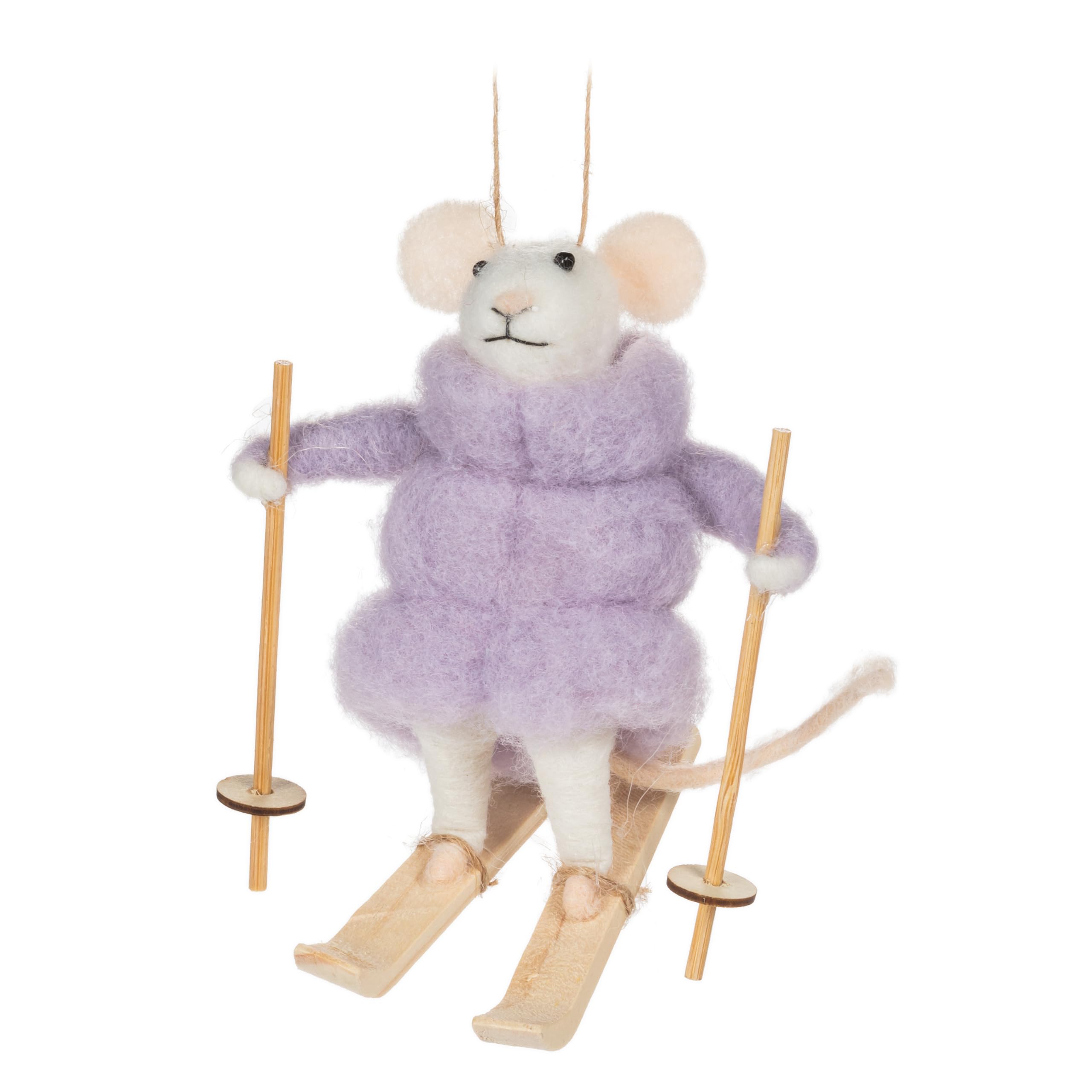 Abbott Collection Handmade Skiing Mouse in Puffy Parka Ornament. Pack of 1 - Wool Felt/Styro, Lilac/White (4.5 inches H)