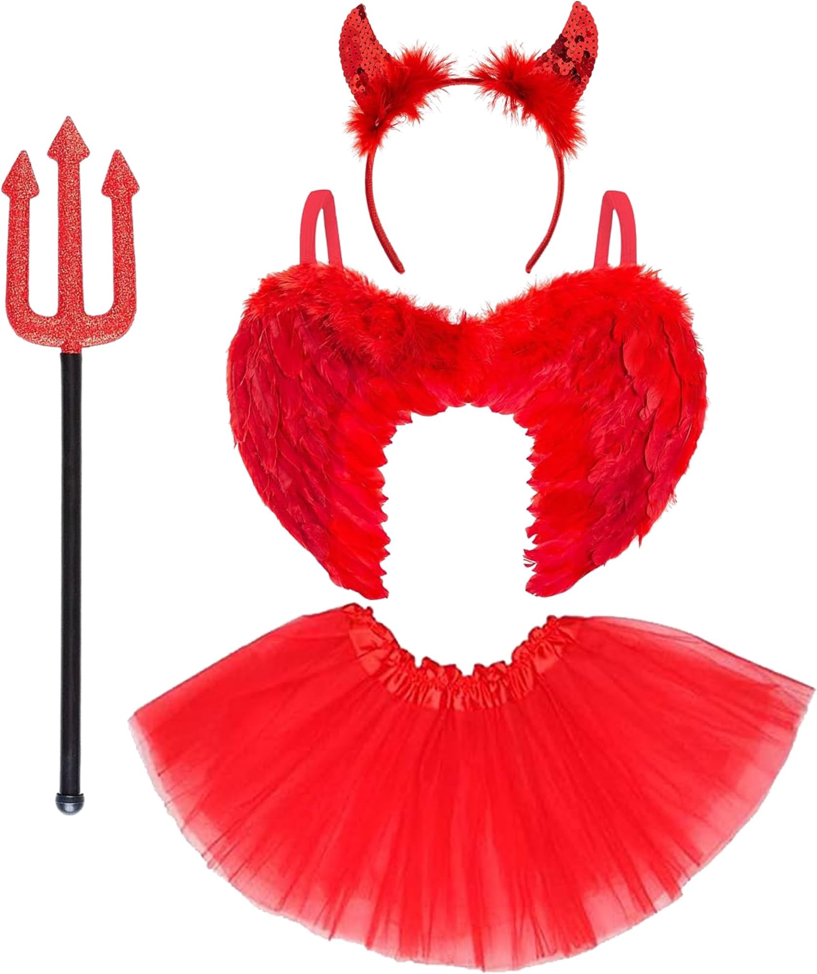4pc Kids Devil Costume Accessories Includes; Red Feather Wings, Devil Horns Headband, Pitchfork Halloween Prop and Red Tutu Skirt - Fallen Angel Costume Girls Halloween Outfit Fancy Dress for Kids