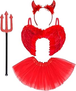 4pc Red Devil Costume Womens Halloween Costume - Red Devil Wings Red Devil Horns Devil Fork Tutu Devil Outfit - Ladies Devil Costume Women Devil Accessories - Fallen Angel Costume Red Wings Devil