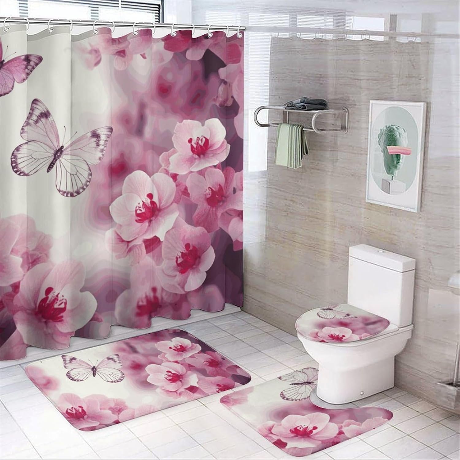 Flowers and Butterfly Shower Curtain Set 4 Piece, Non-Slip Bath Mat with Toilet Lid Cover and Waterproof Shower Curtain with 12 Hooks, Complete Bathroom Set for Home Decor