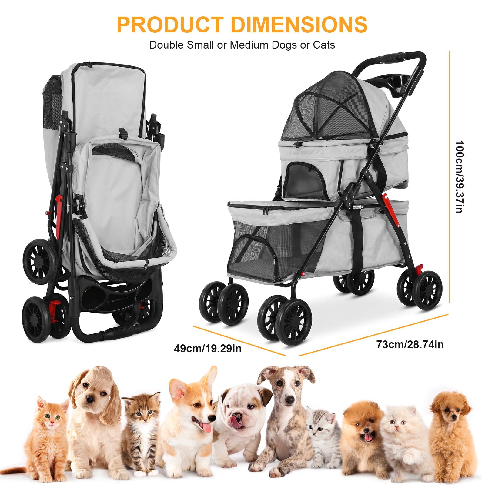 Passeggino per animali domestici a doppio strato per cani e gatti di piccola e media taglia, 3 in 1, pieghevole, passeggino da viaggio leggero, 100 cm x 73 cm x 49 cm (grigio)