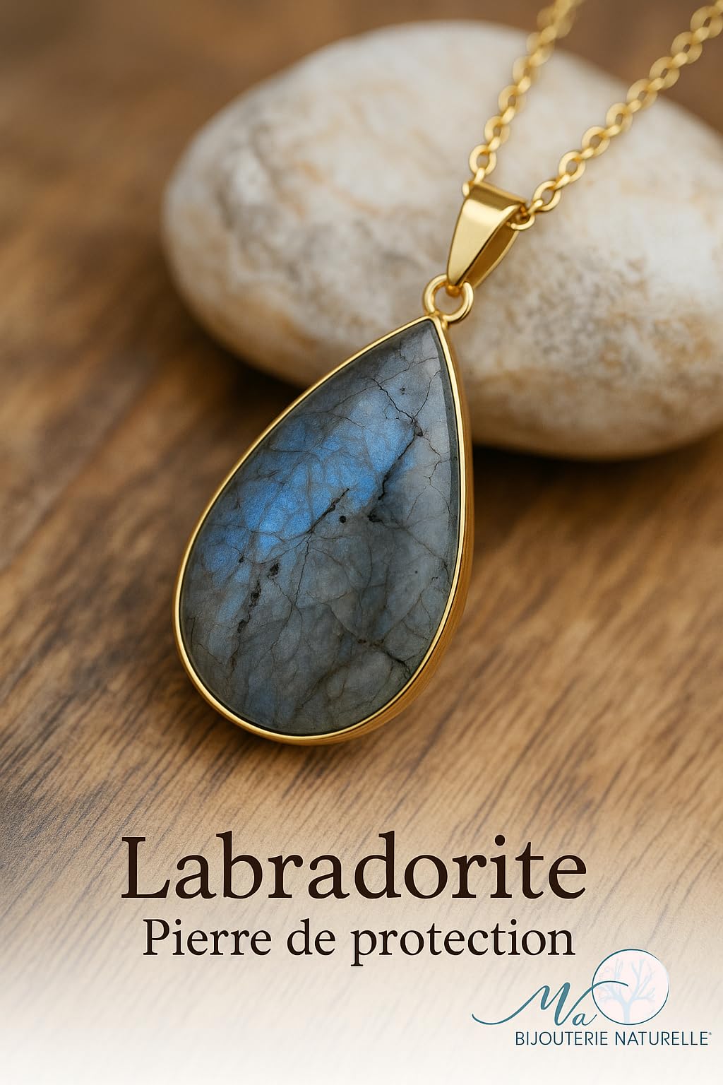 Pendentif Labradorite Naturelle Qualité AAA avec Chaîne Dorée en Acier Inoxydable – Pierre Naturelle Véritable – Pierre de Protection et d'Intuition - Bijou Femme – Création Artisanale Française
