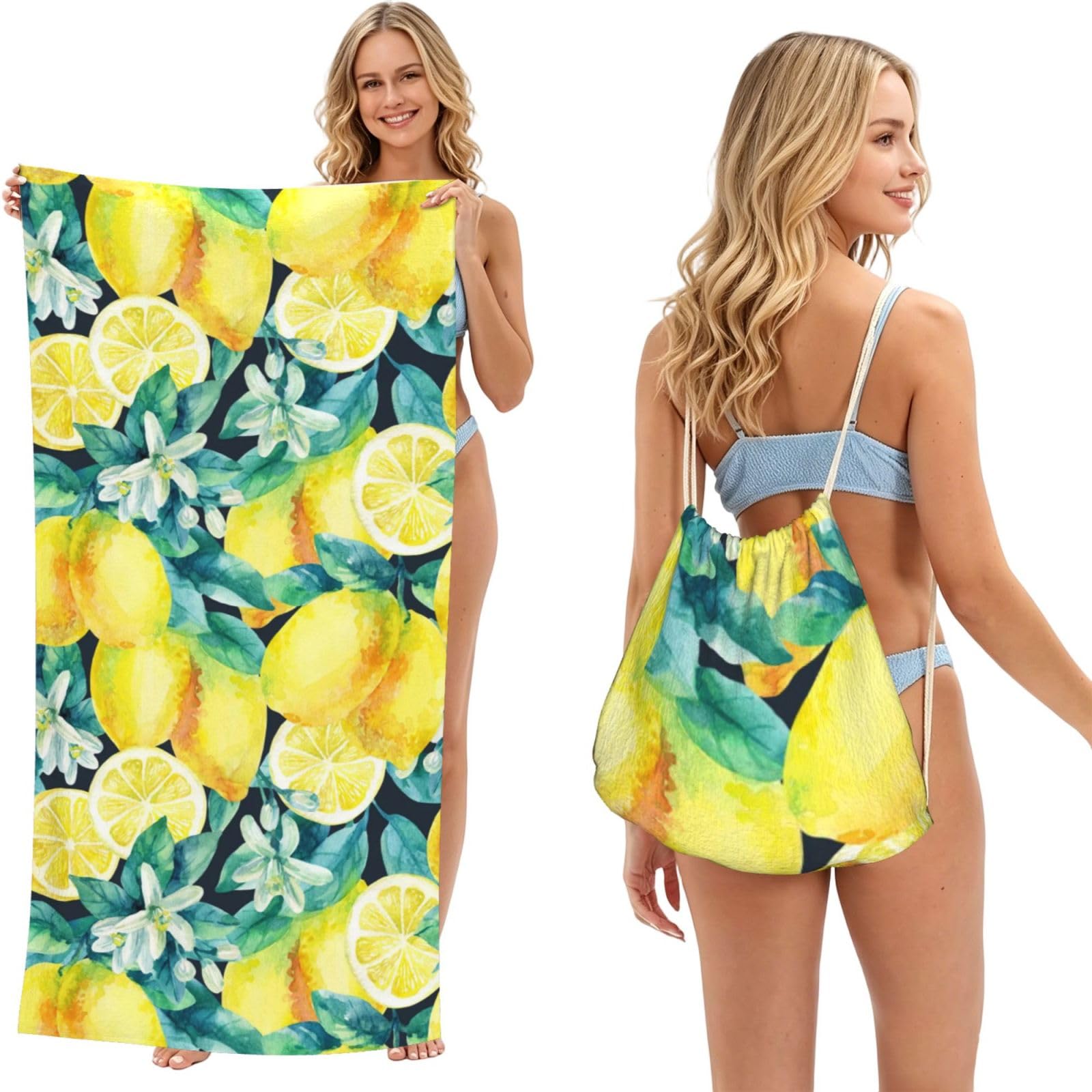 Poadnly As Picture Fresh Fruit Yellow Lemon Limes, 2 In 1 Packable Towel Bag, Beach Towels With Drawstring Backpack For Travel Holiday Camping