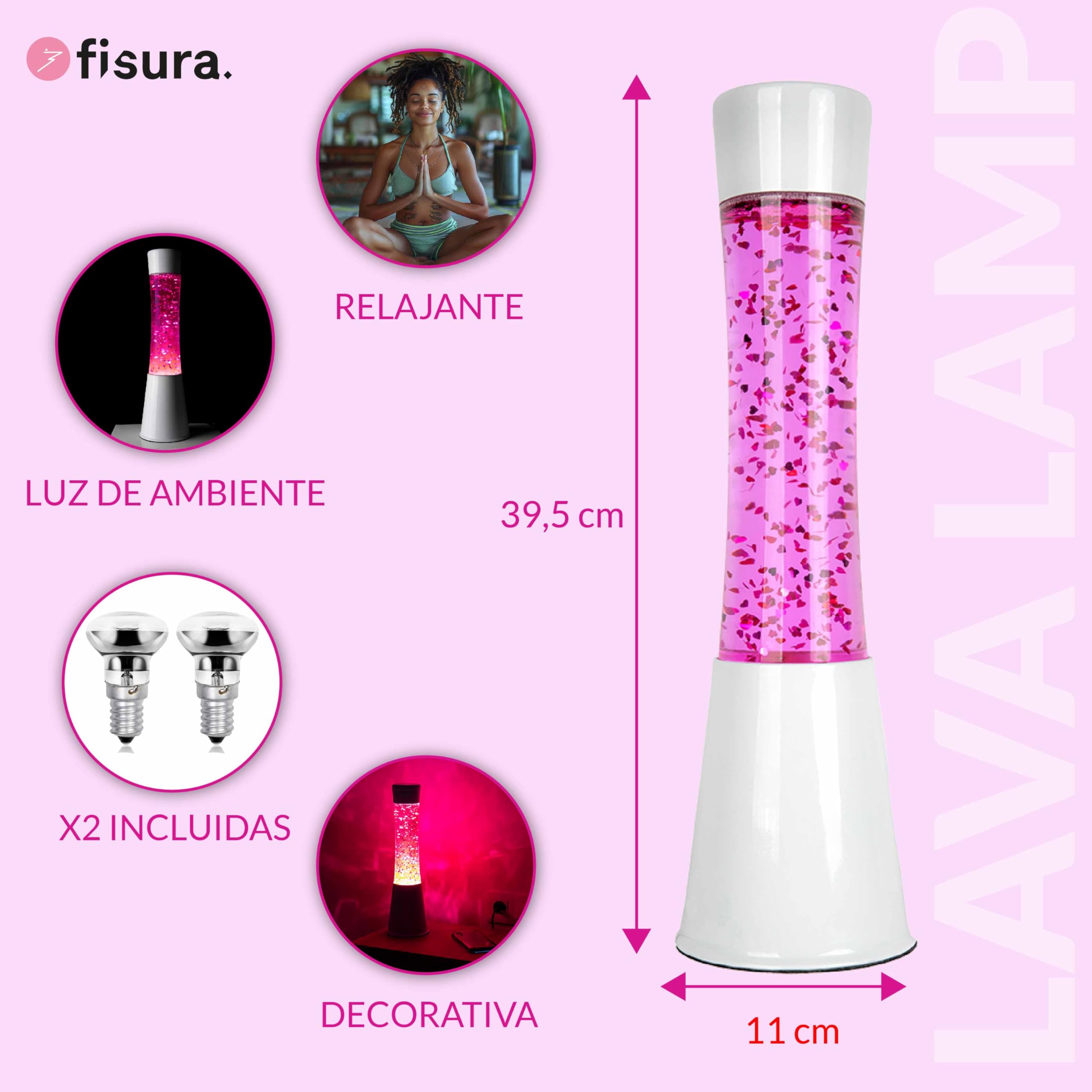 Fisura - Lámpara de lava rosa. Base blanca, líquido rosa y purpurina de corazones. Lámpara efecto relajante. Con bombilla de repuesto. 11 cm x 11cm x 39,5 cm.