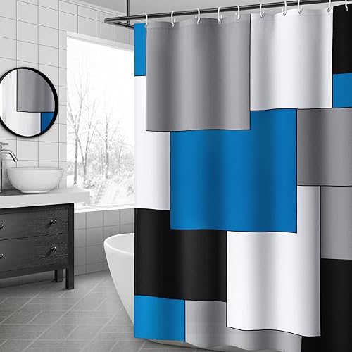 Awellife Juego de cortinas de ducha de tela texturizada de lino azul para baño, con 12 ganchos, 72 x 72 pulgadas