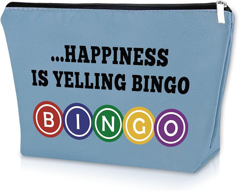 Necessaire azul Sazuwu com estampa de bingo e fechamento por zíper