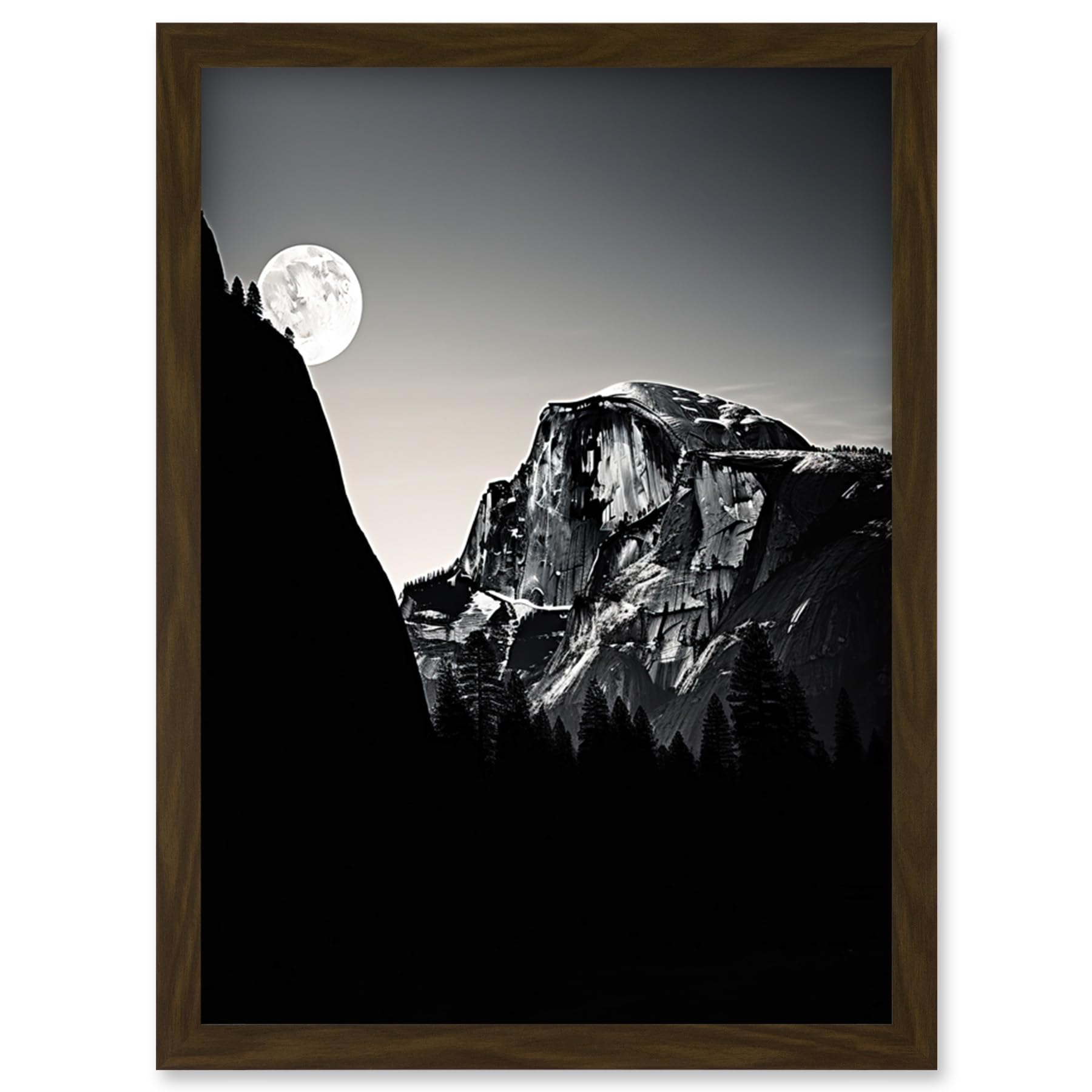 Wall Art Print - Moonrise by Half Dome Yosemite - Black White Photograph - Full Moon Mountain Forest Landscape - Artery8 - A4