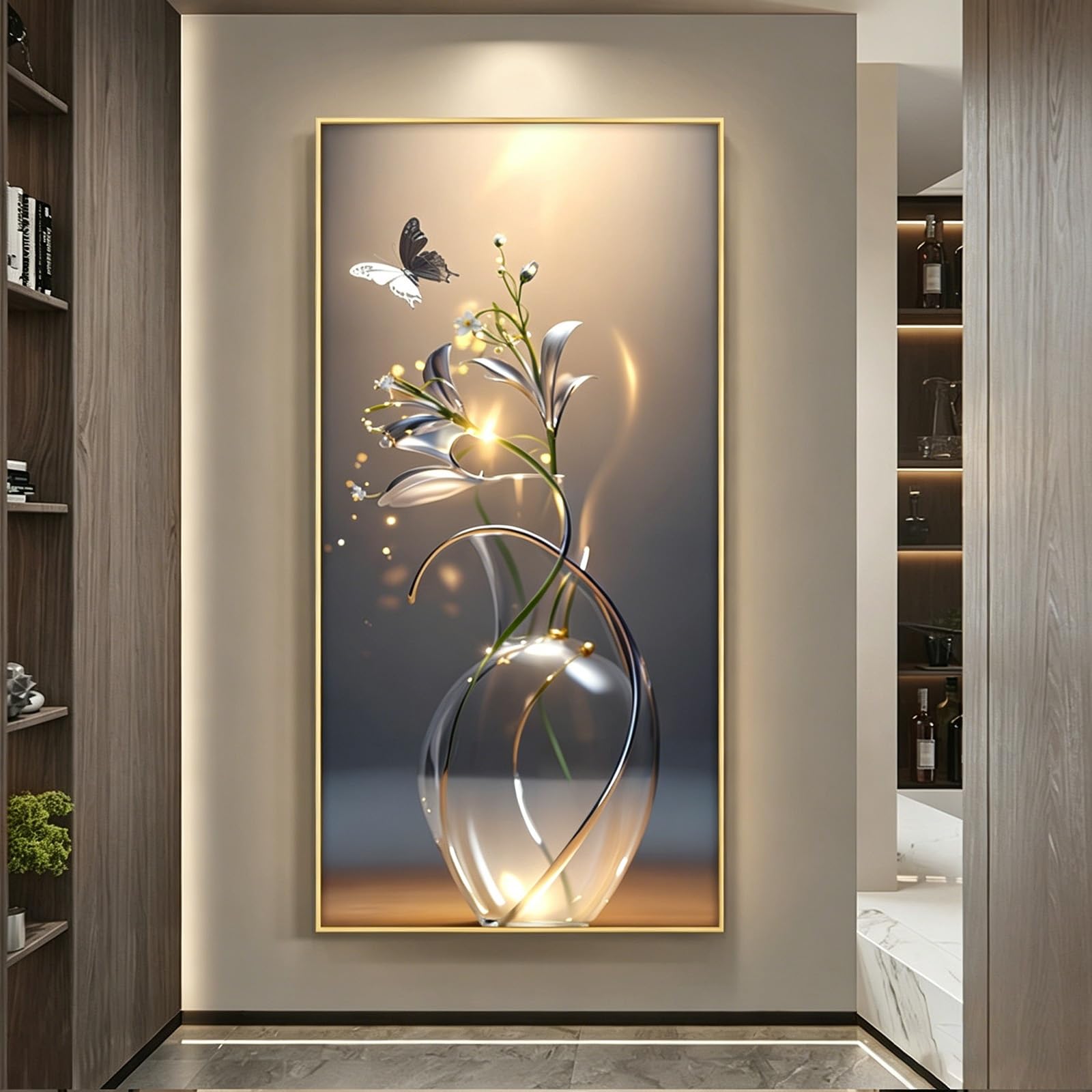 TgrGiEDenLO Crystal Porcelain 3D LED Wall Art, Lighted Butterfly & Floral Vase Wall Sculpture, Modern Entryway & Corridor Decor for Living Room(A,Black,50x100cm/19.7x39.4in)