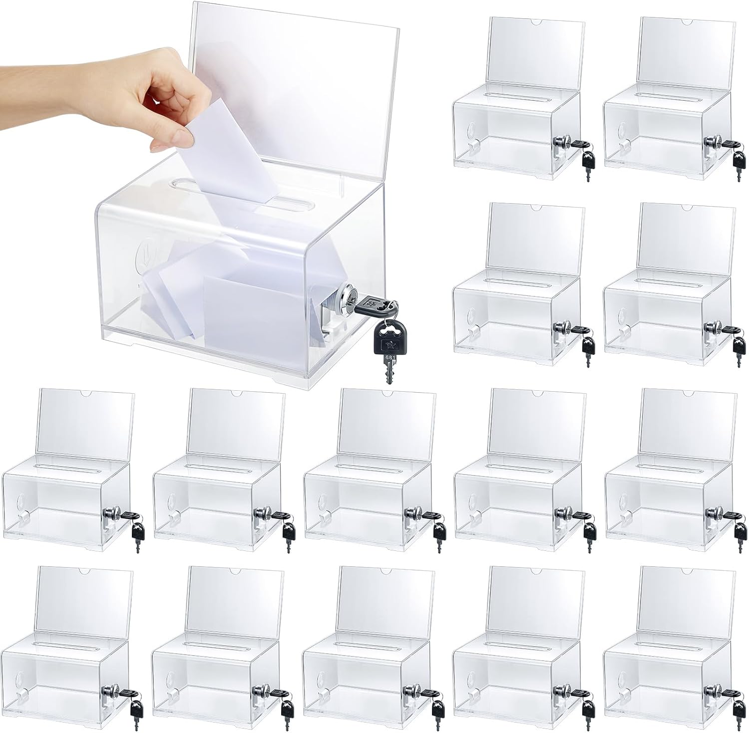 Chunful 15 Pcs Acrylic Donation Box with Lock and Sign Holder Clear Ballot Donation Boxes with Slot for Fundraising Suggestion Box Storage Container for Voting, Raffle Bowl, Tip Jar