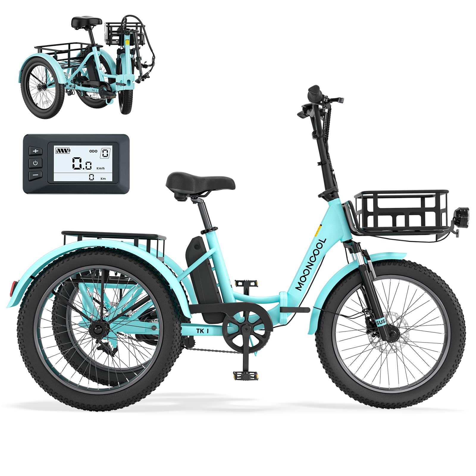 Tricycle Velo Electrique, Pliable VéLo éLectrique E Bike Roues 20 Pouces pour Homme Femmes Et Adulte, avec 36V 20ah Batterie, Moteur 250w, écran LCD, Vitesse 25 Km/H, Ip65 avec Grands Paniers