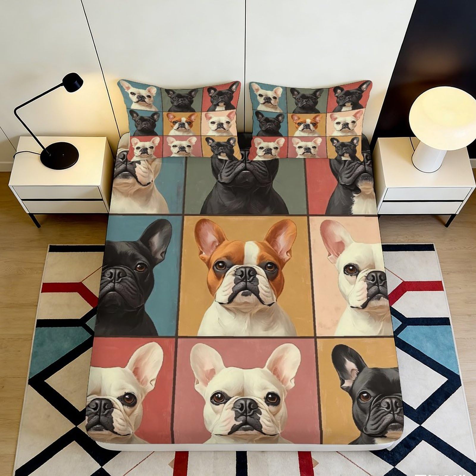 3D Printed French Bulldog Art Fitted Sheet Microfiber Soft Breathable Colorful Dog Bed Cover for Bedroom Dorm Decor 140x200x25cm