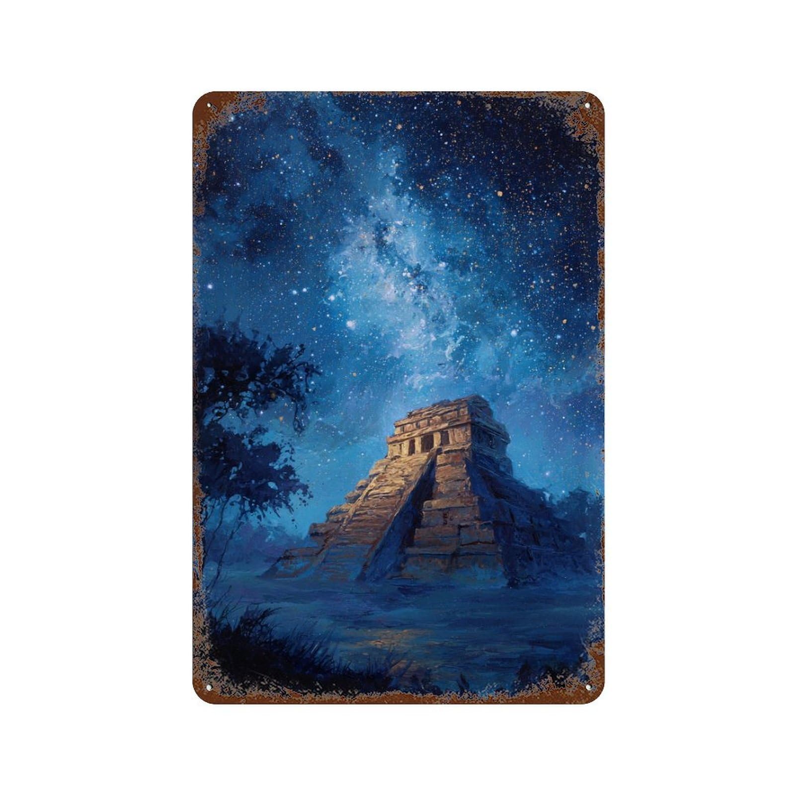 Mystical Mayan Pyramid Night Sky Rustic Tin Plaque 11.8"x7.9", for Pub, Kitchen And Man Cave Decor, Vintage Wall Decor
