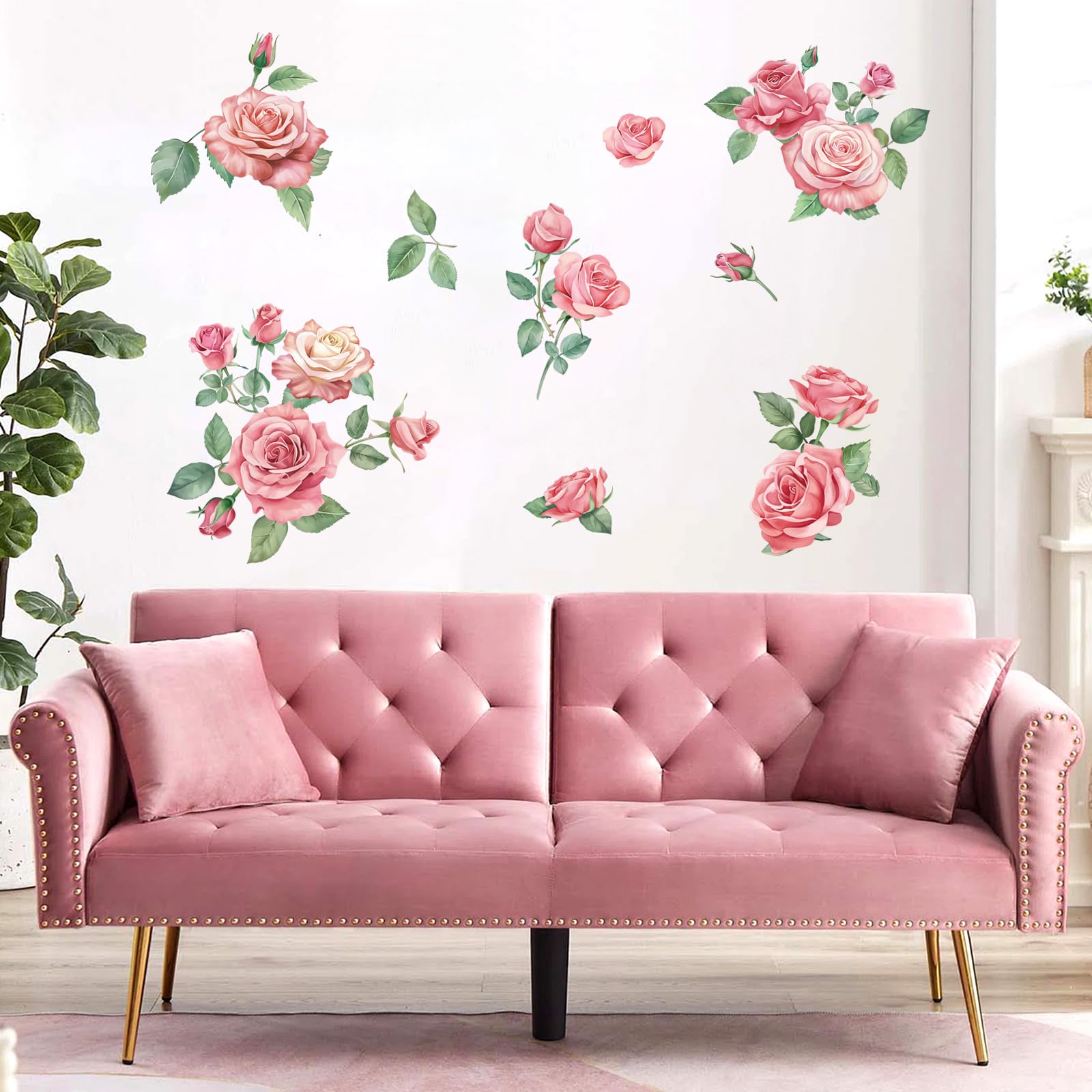 FUFUQUARE Watercolor Pink Rose Flowers Wall Stickers Blooming Floral Wall Art Decals Peel and Stick for Bedroom Living Room Nursery - Image 2