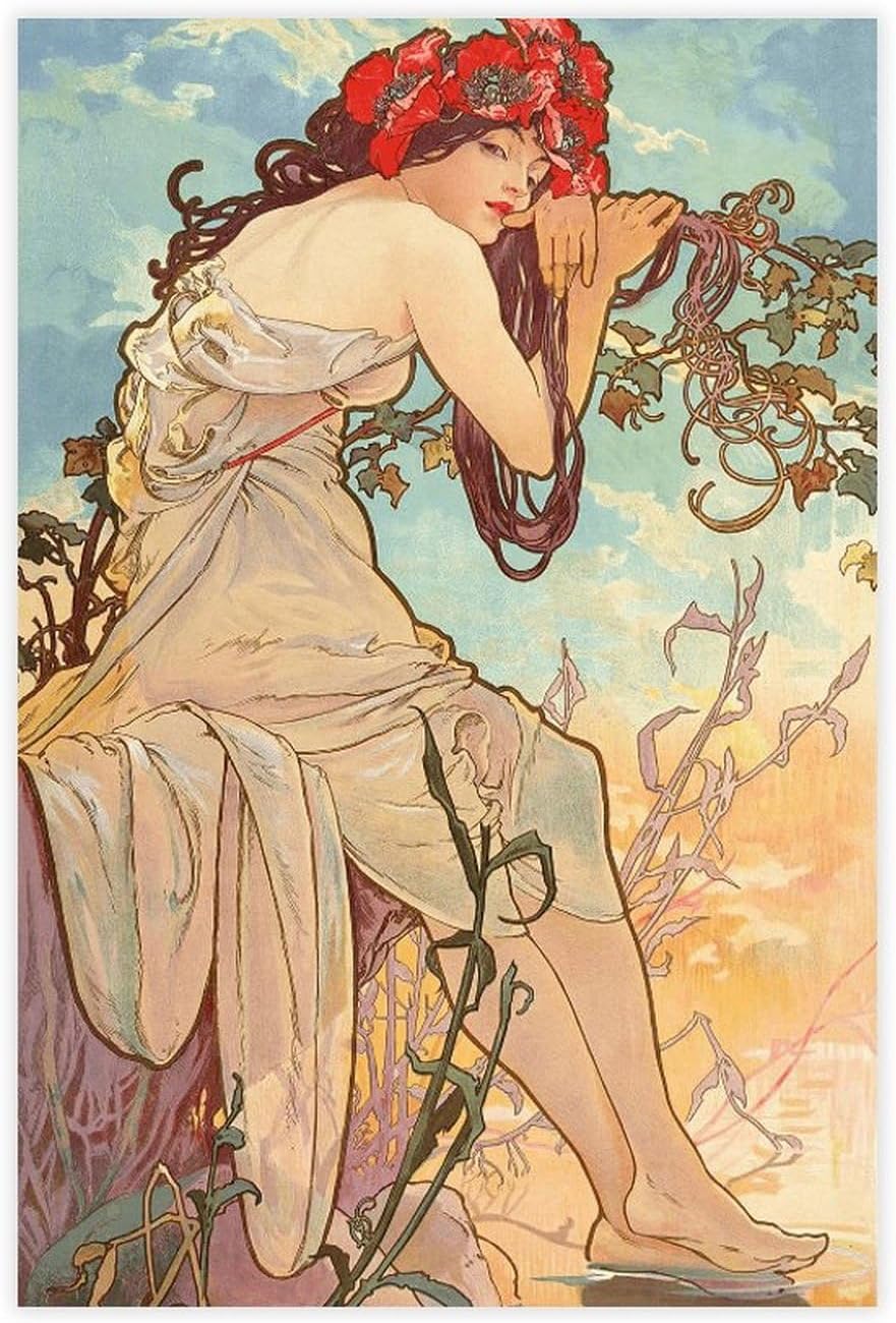 ZZYGGN GMGSW The Seasons Summer by Alphonse Mucha Canvas Poster Vintage Wall Art Painting Alphonse Mucha Prints for Office Picture Decor 40x50cmx1 Frameless