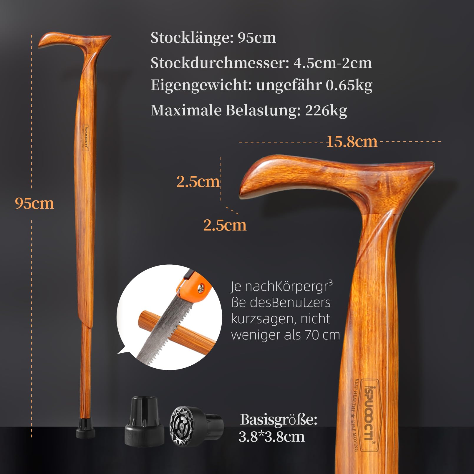 Gehstock aus Holz für Herren und Damen – Natürliches Massivholz, 3Gummifuß, Robust, mit Reisetasche – Ergonomische Gehstöcke für Senioren, Unisex- Spazierstock