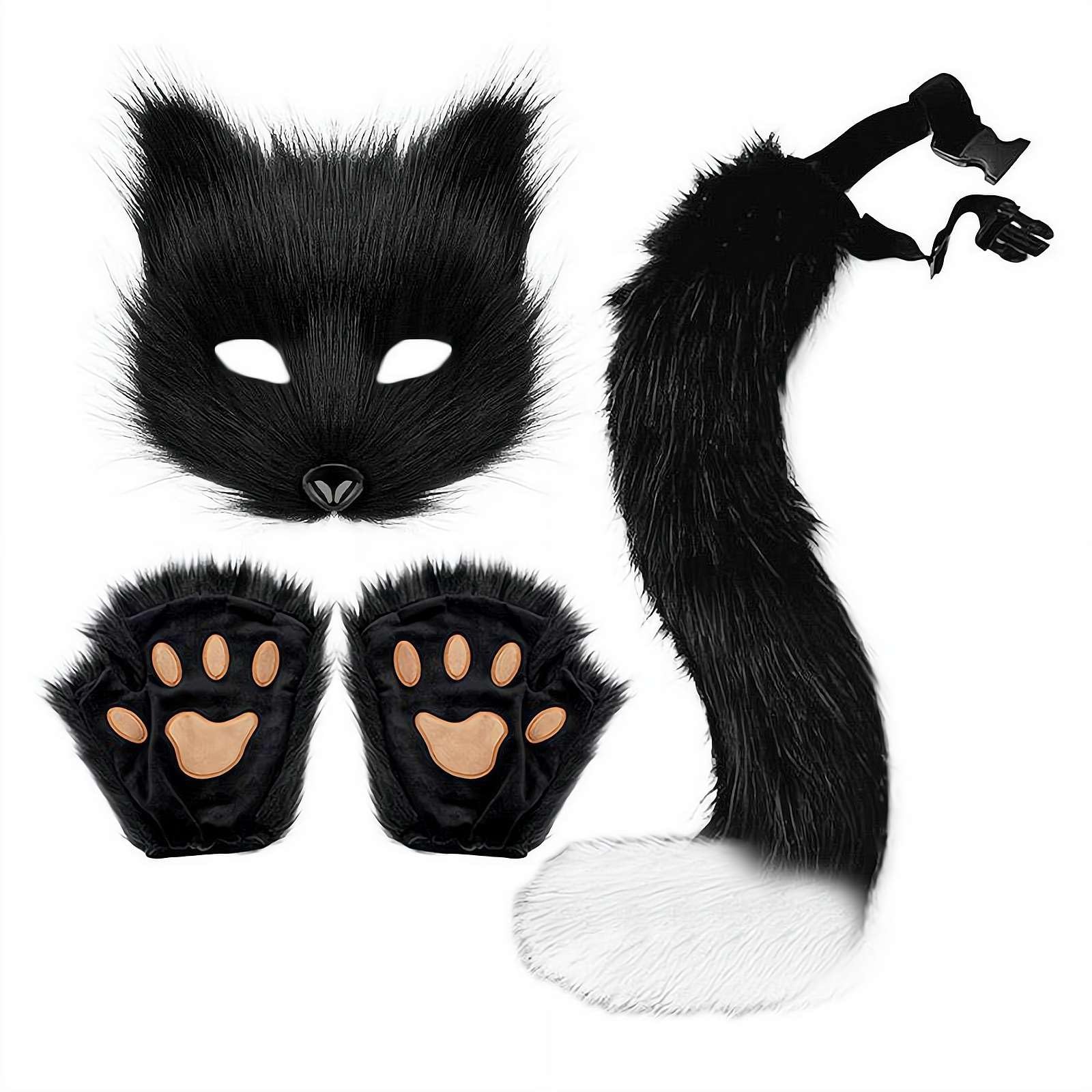 3D Faux Fur Cat Wolf Mask Tail And Gloves Set, FoxTail Fluffy Cat Wolf Mask, 3-Piece Set, Cosplay Party-Animals Role-Playing For Halloween Christmas Dress Up Carnival Cosplay Stage, Unisex (black)