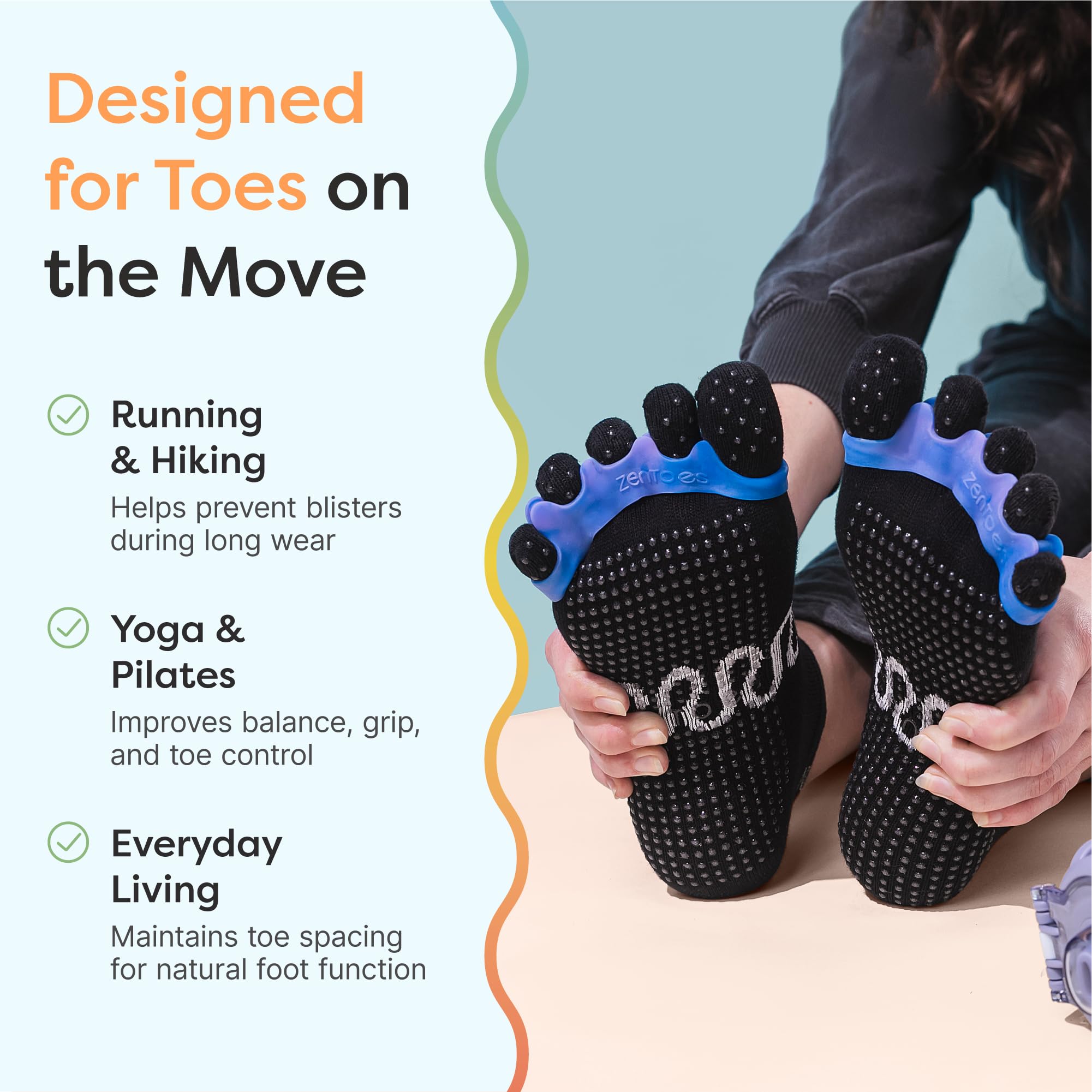 ZenToes Calcetines de pilates con agarres para mujer, antideslizantes, de algodón, con pinzas, para reducir el roce y la prevención de ampollas (L, negro)