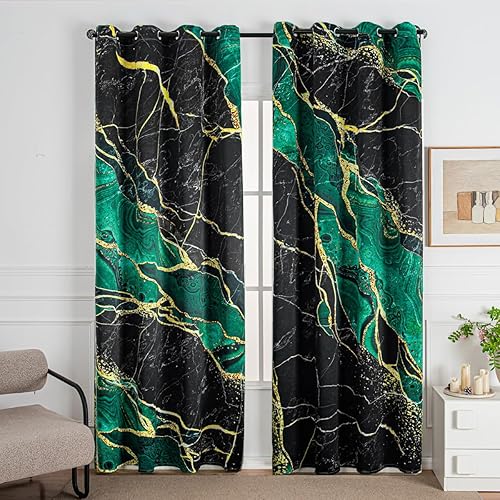 Cortinas opacas de mármol verde de 63 pulgadas de largo, 2 paneles de textura dorada, arte abstracto de lujo, cortinas de tratamiento de ventanas