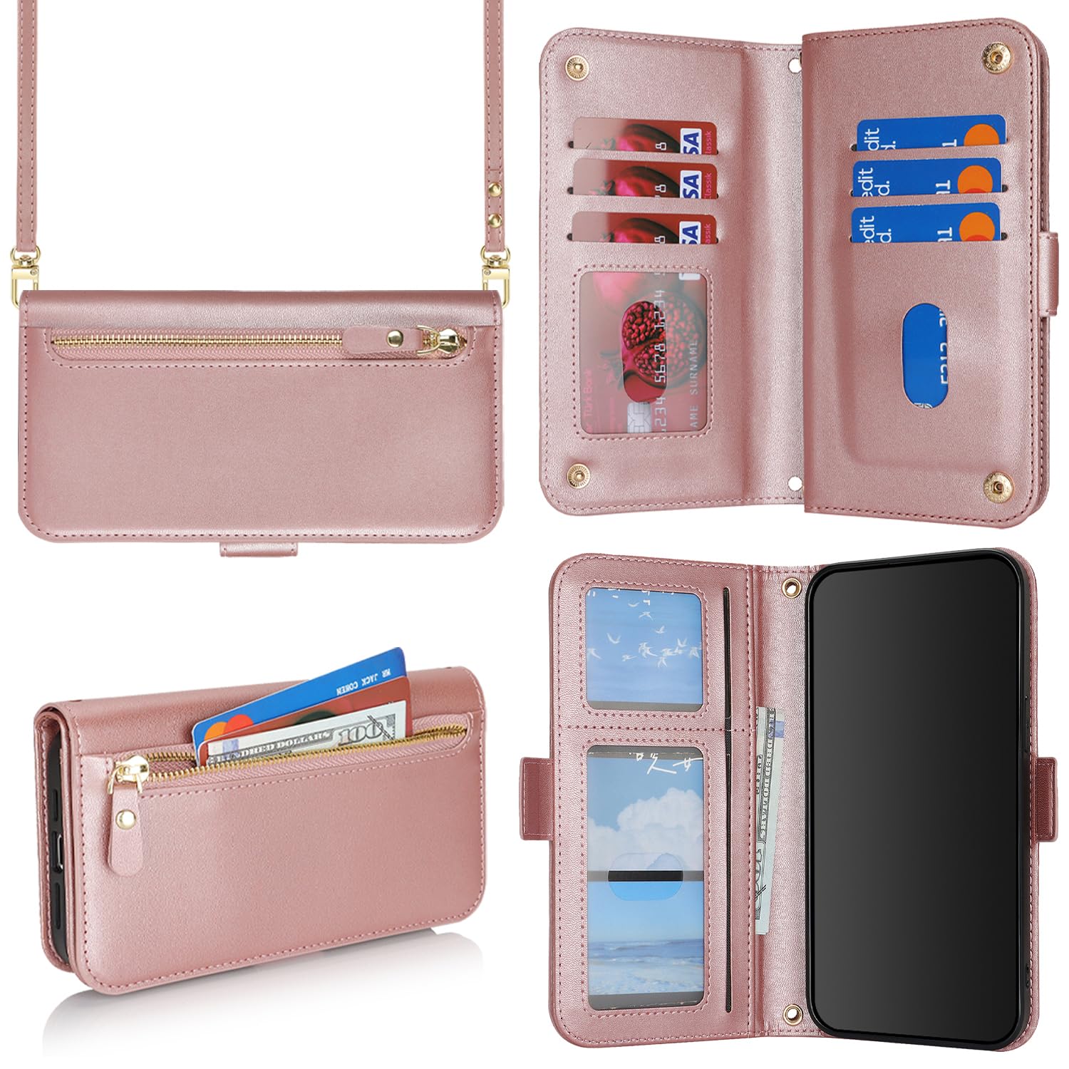 for iPhone 11 Wallet Case for Women,for iPhone 11 Case with Strap Crossbody Lanyard,PU Leather Shockproof Card Holder Stand Zipper Pocket Flip Phone Case-Rose Gold