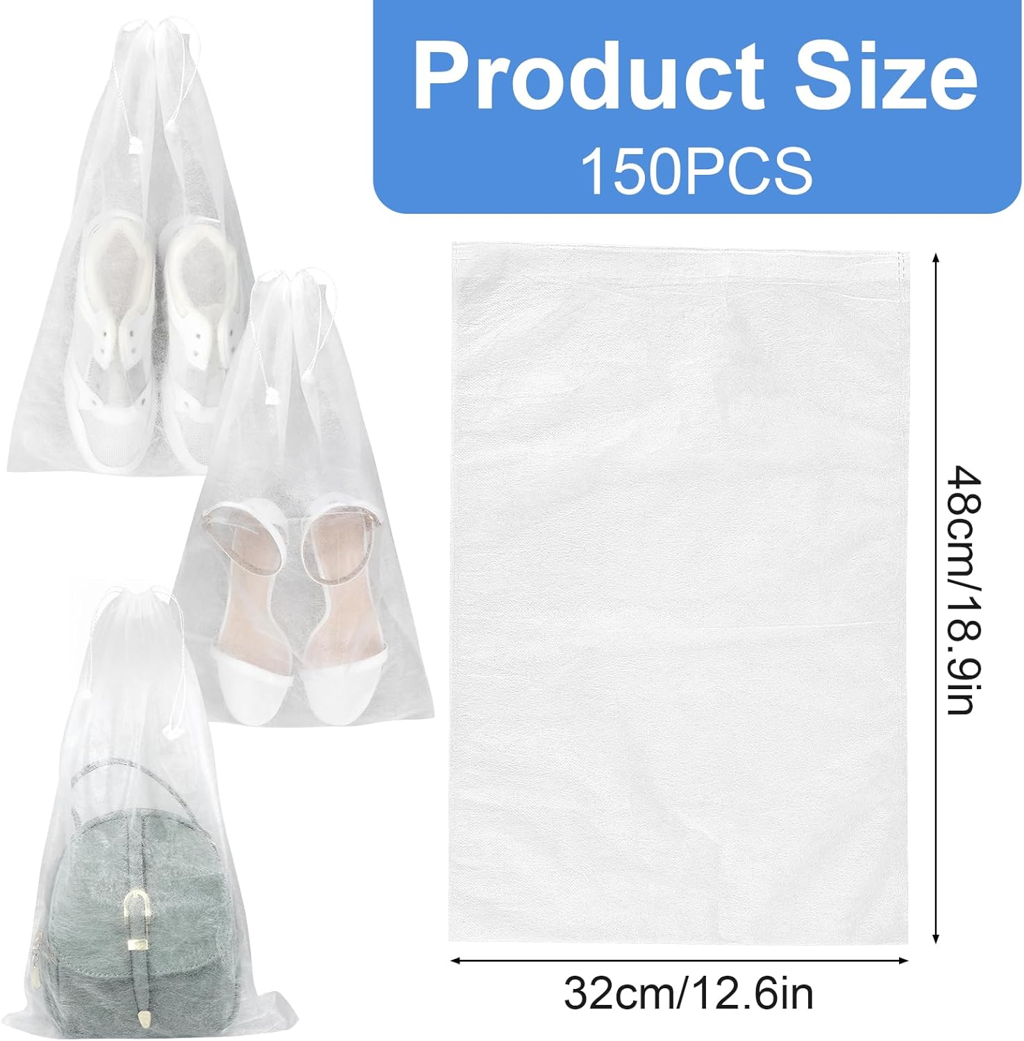 150 Pcs Dust Bags Drawstring Storage Bag Non Woven Fabric Handbags Storage for Travel Breathable Pouch Portable Storages Organizer for Purse Boot, 18.9 x 12.6 Inch(White) - Image 2