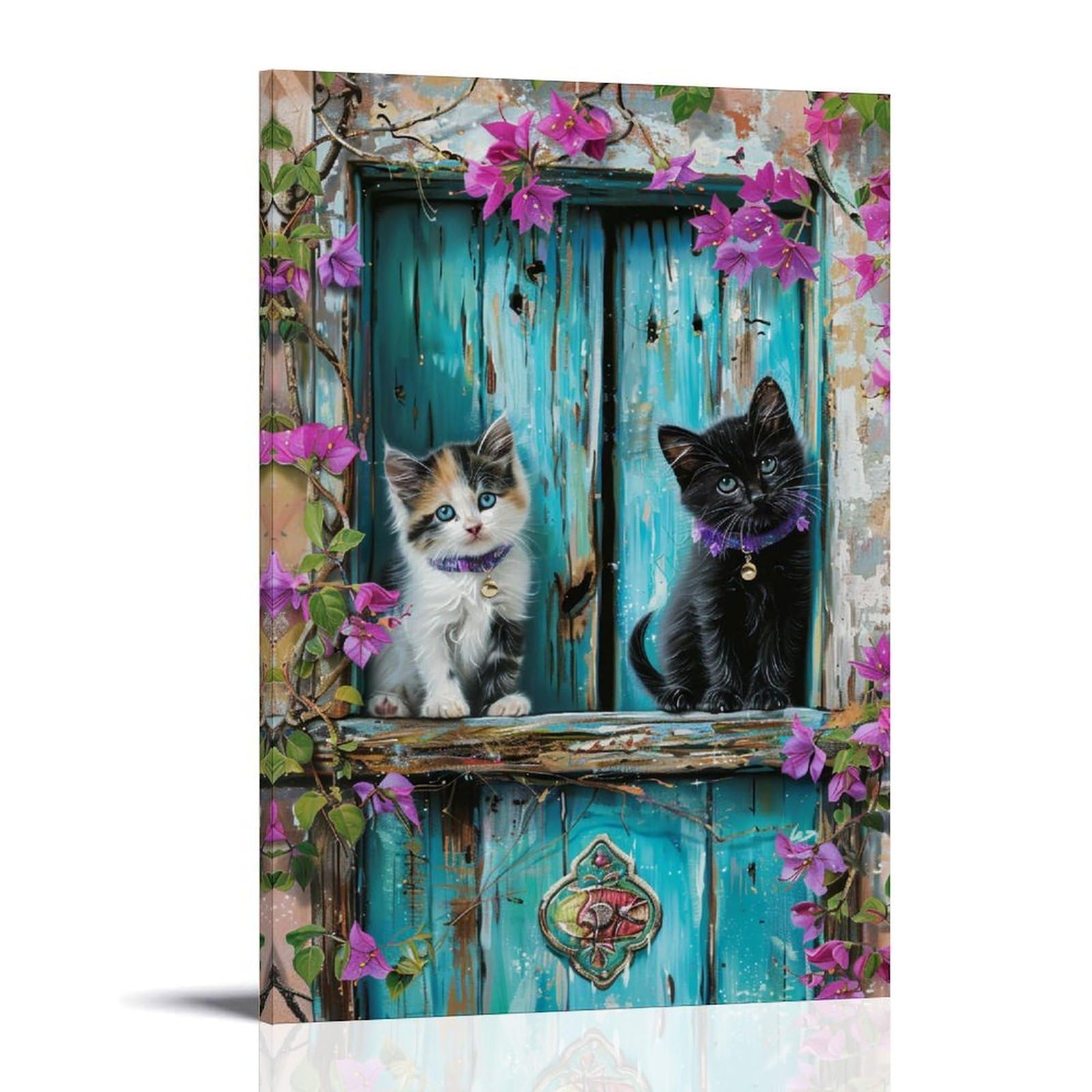 HUERYRYHY Turquoise Mediterranean Cats 01 Poster Wall Art Canvas Vintage Aesthetic Painting Decor for Rooms 24x36inch Frame-style