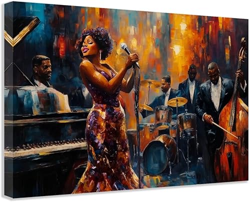 SWQYLB Arte de pared con música afroamericana, pintura de banda de jazz, impresiones en lienzo abstractas negras con imágenes musicales para club,