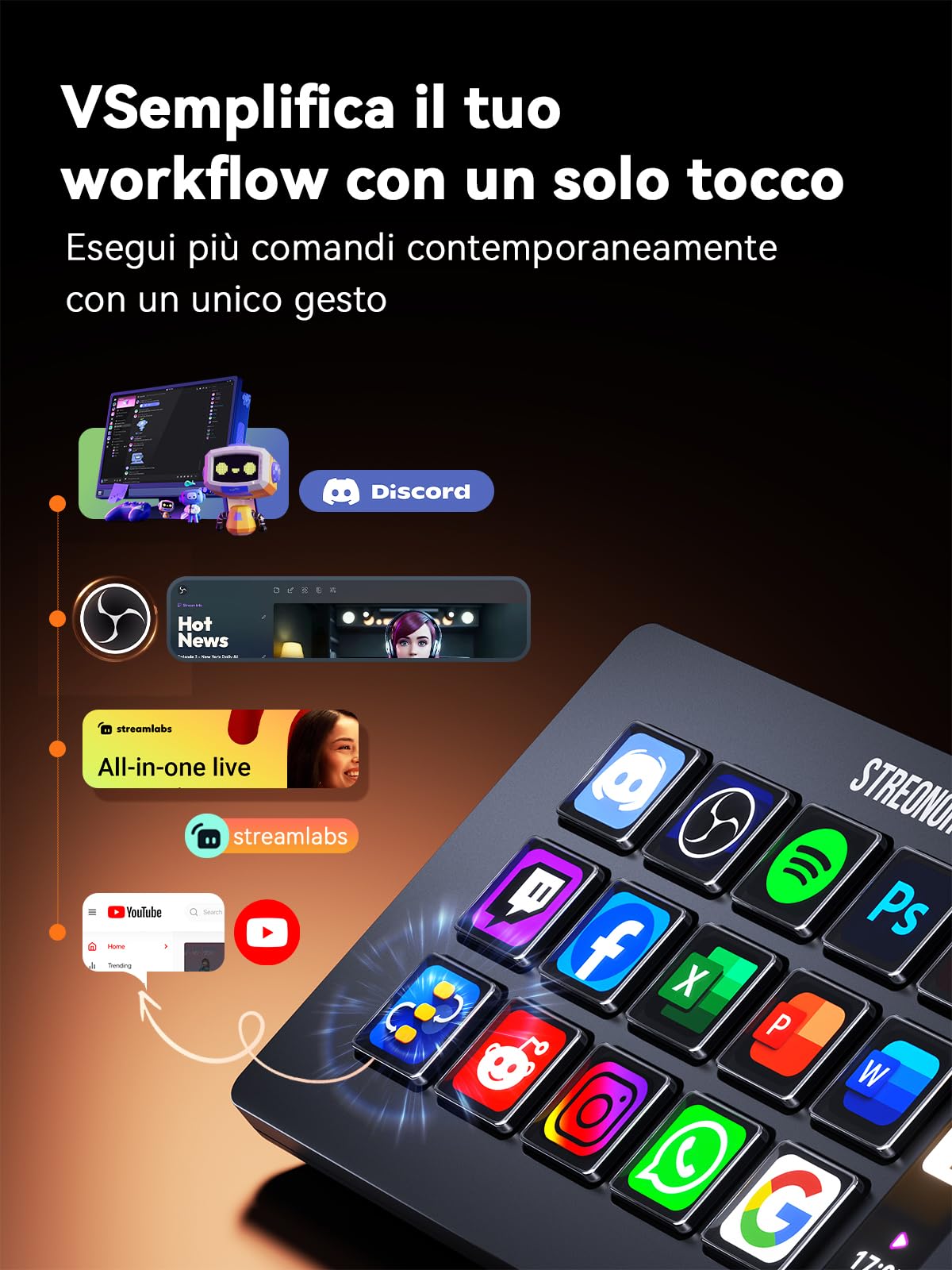 STREONOR Stream Control Deck Standard S15 con 15 tasti e display info | Stream Controller per OBS, Twitch, Discord, ecc., ideale per streaming, editing video e gaming, Mac/Windows-Nero