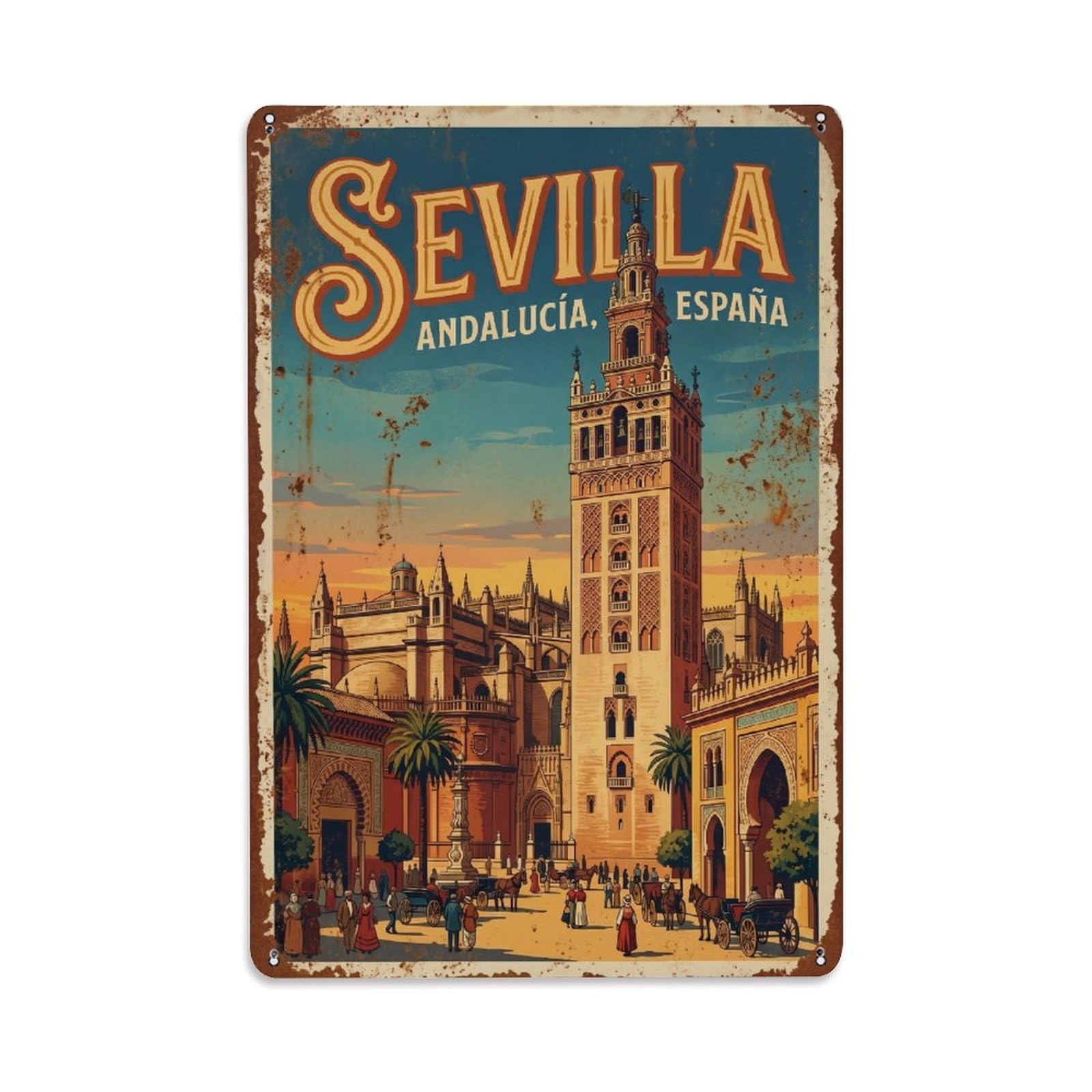 Cmhok Vintage Style Vintage Travel Seville Spain Metal Tin Sign Wall Decor For Cafe, Club, Garden Metal Poster 8X12inch