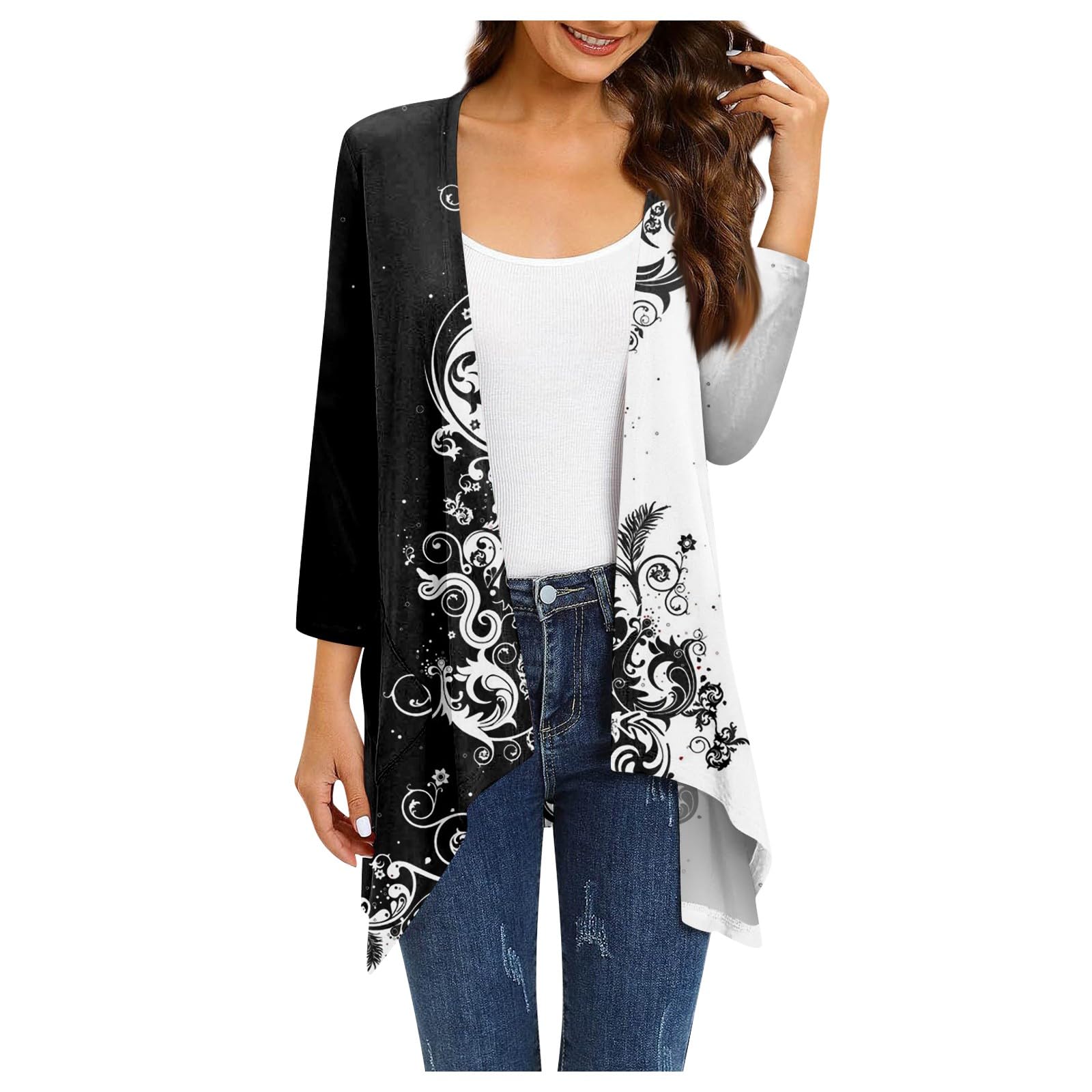 QI_LIANGLong Three Quarter Sleeve Tunic Ladies Spring Cool Office Modern Printe Baggy Thin Collarless Jacket Ladies