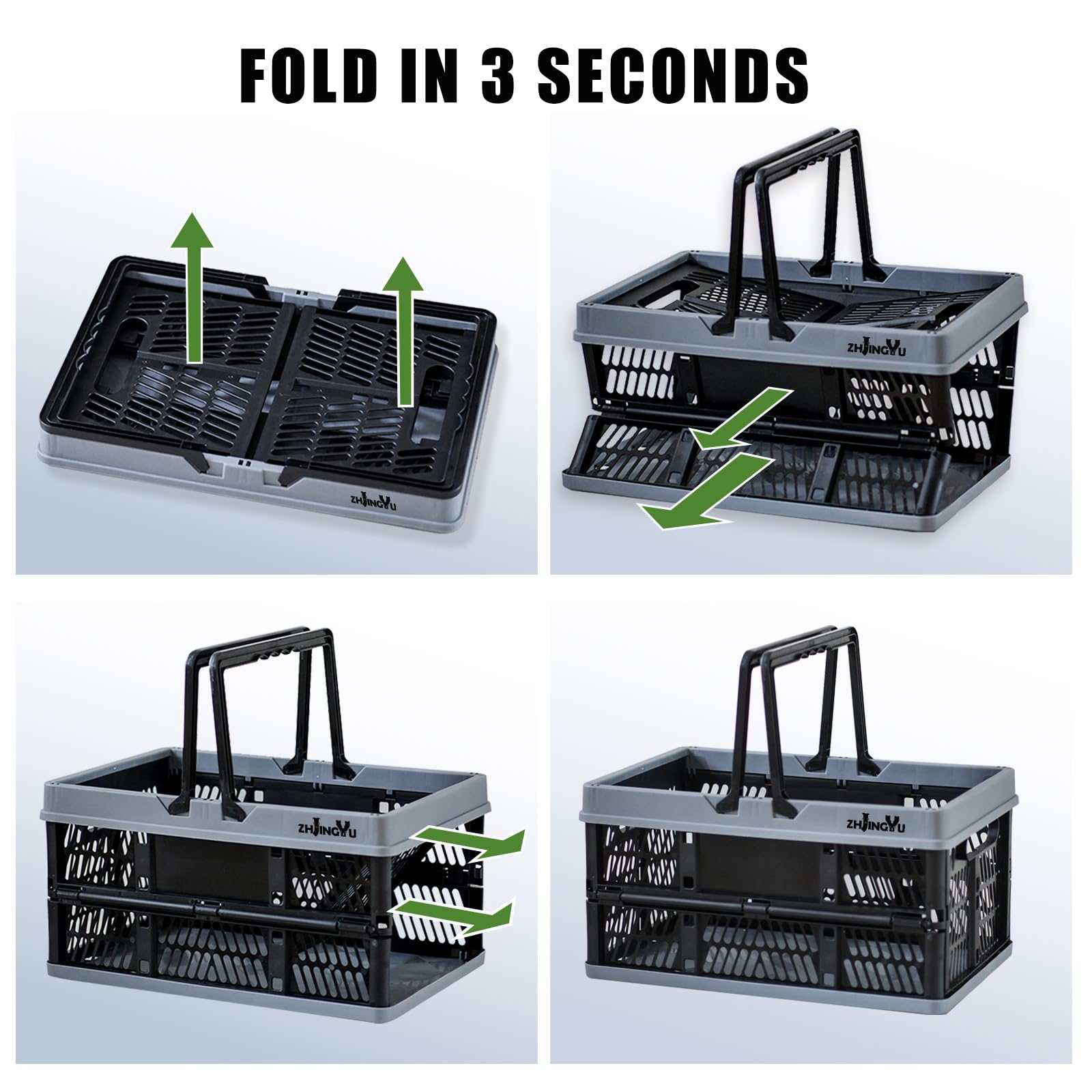 ZHJINGYU [2 unidades] Caja plegable de 20 l, caja plegable con asa (38 x 25 x 20 cm), cesta de la compra de plástico para cocina, dormitorio, baño, oficina (negro y gris)