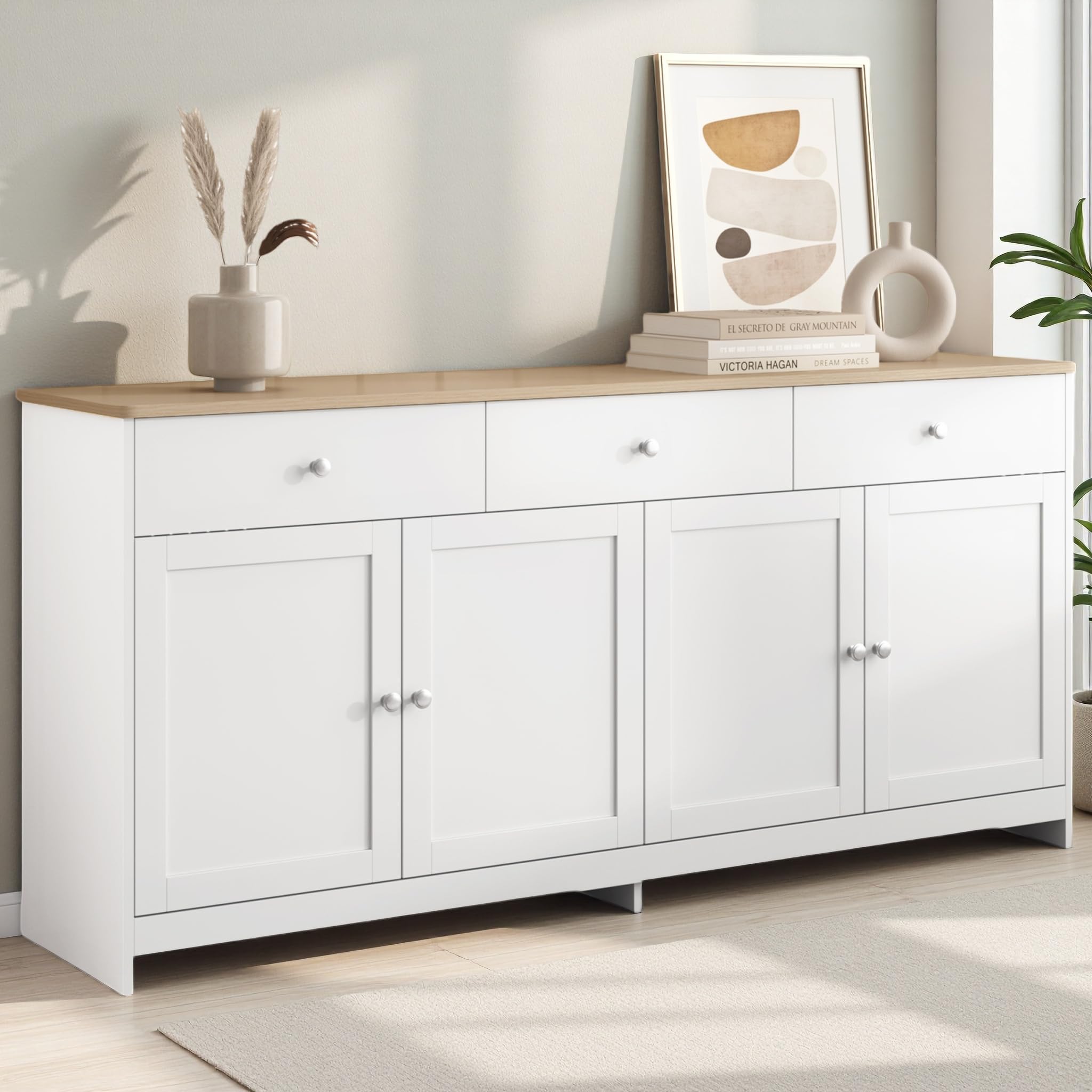 Credenza, cassettiera con 4 ante e 3 cassetti, credenza con ripiani regolabili, armadietto a buffet, per soggiorno, sala da pranzo, cucina, corridoio, natura e bianco (bianco, 160 x 37 x 75)